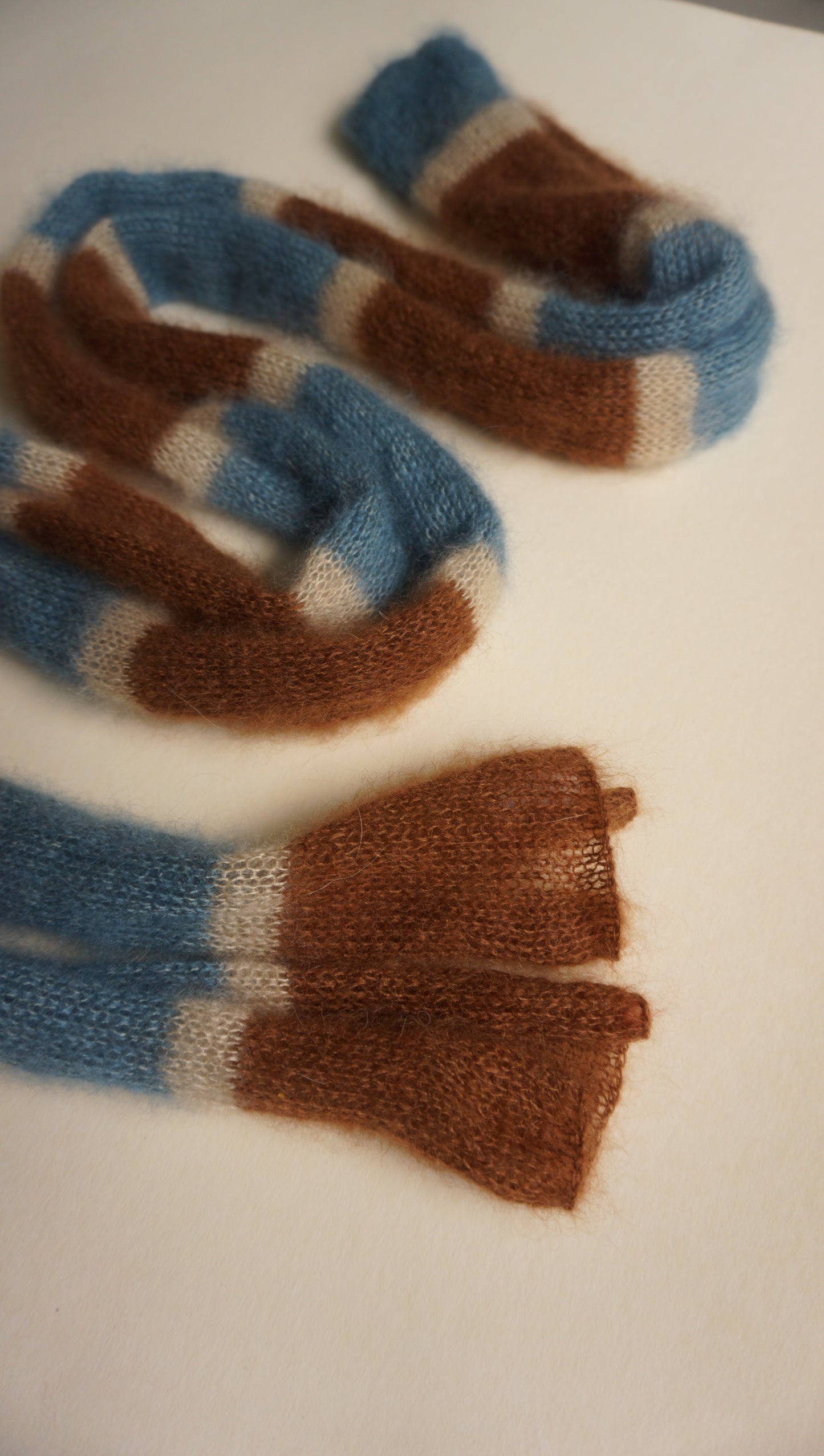 Skinny long mohair scarf in brown blue and ecru stripes