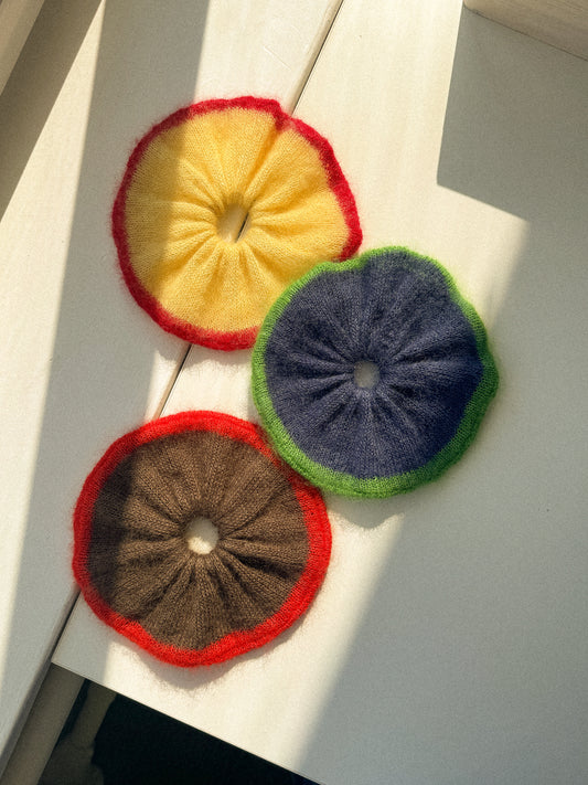 Yellow mohair scrunchie with red trim
