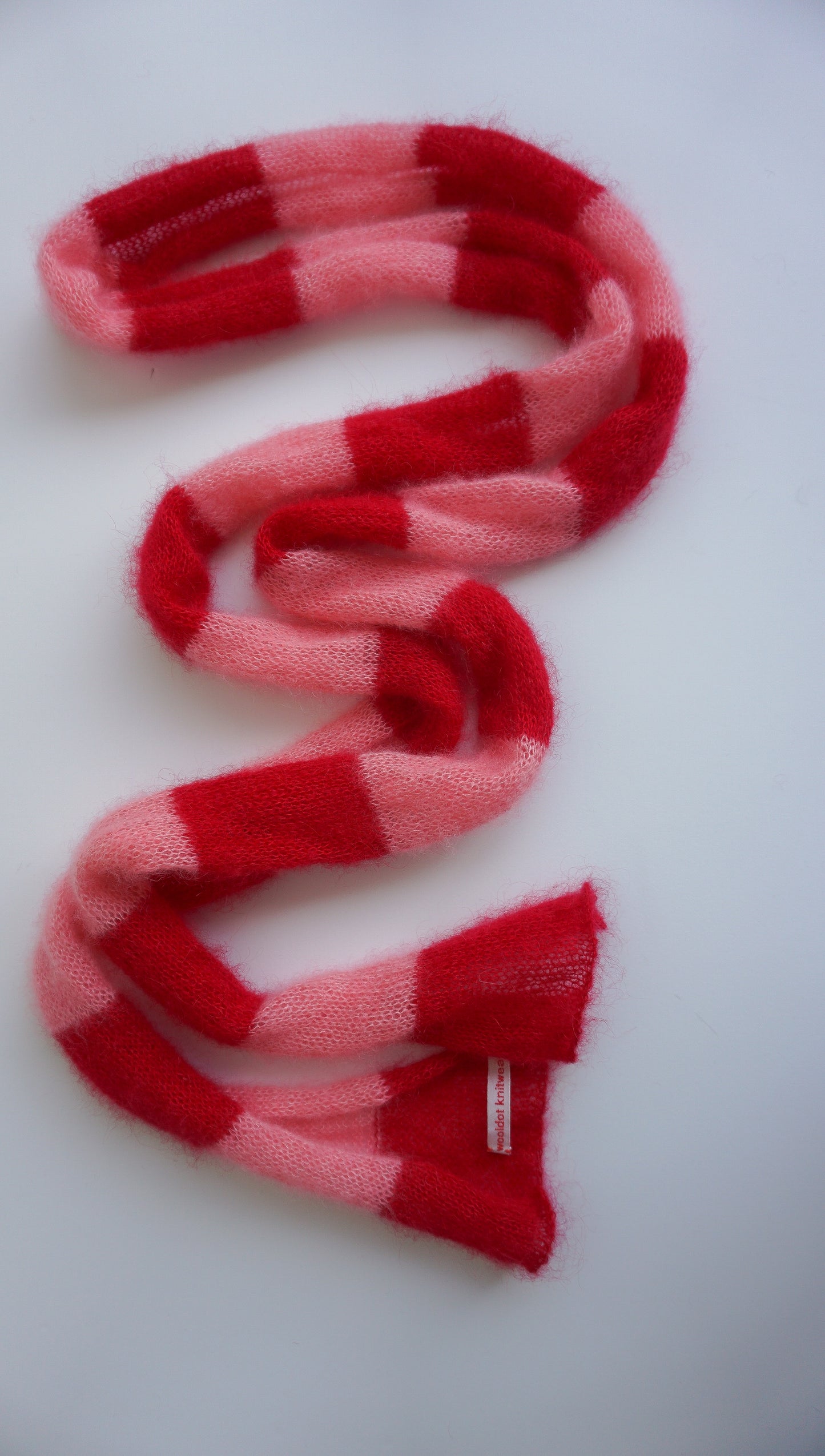 Skinny long mohair scarf red and pink stripes