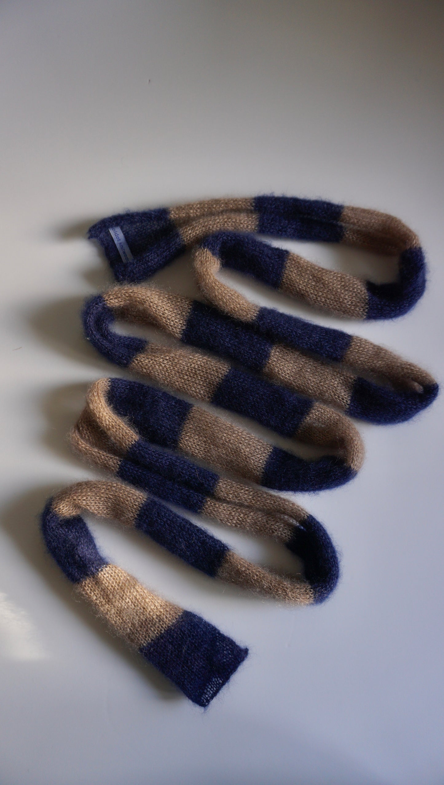 Skinny long mohair scarf cacao and dark blue stripes