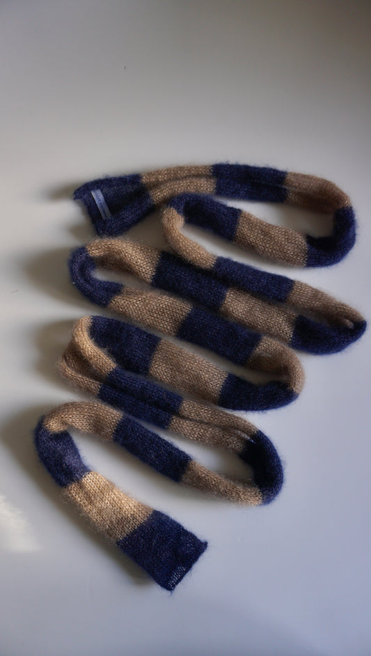 Skinny long mohair scarf cacao and dark blue stripes