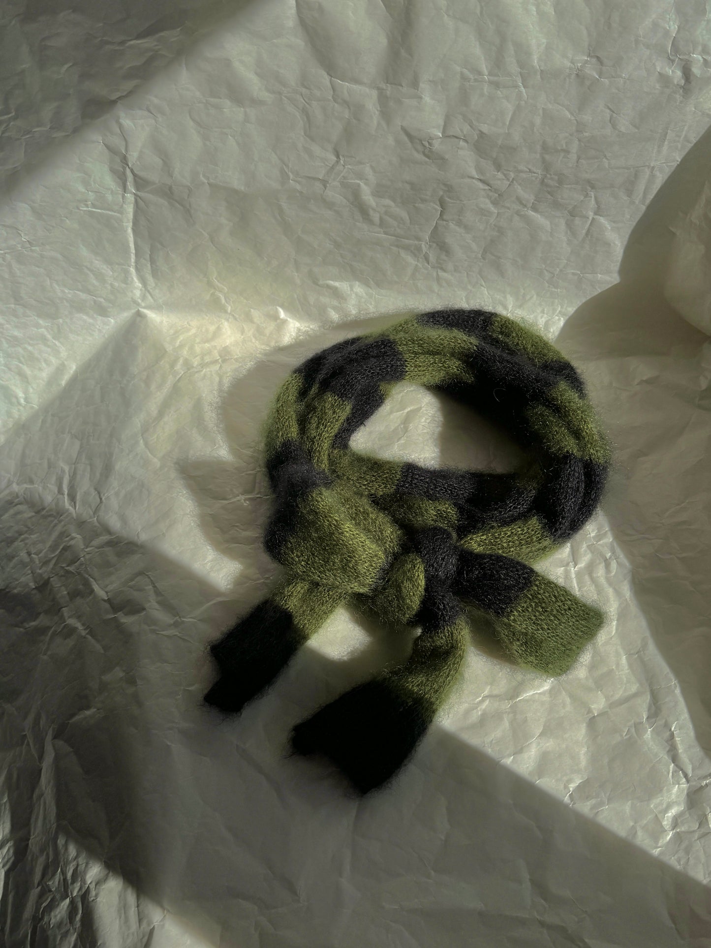 Skinny long mohair scarf in dark green and black