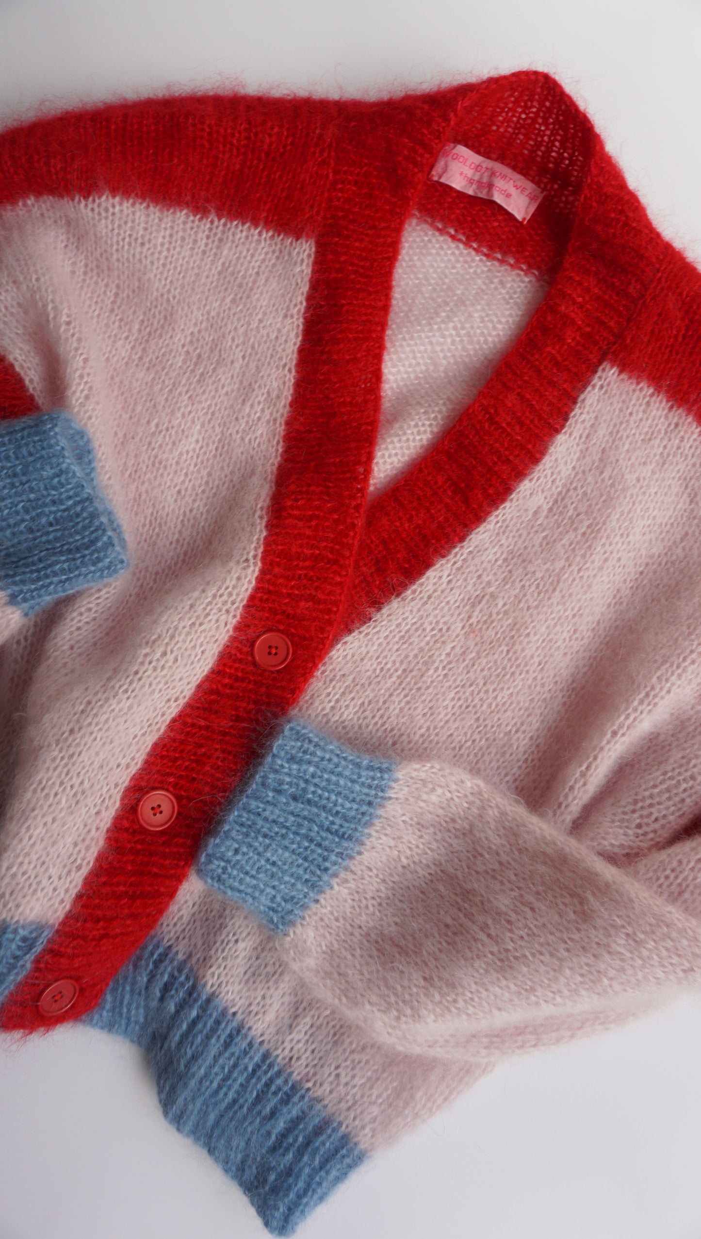 Light pink red and blue knitted mohair cardigan