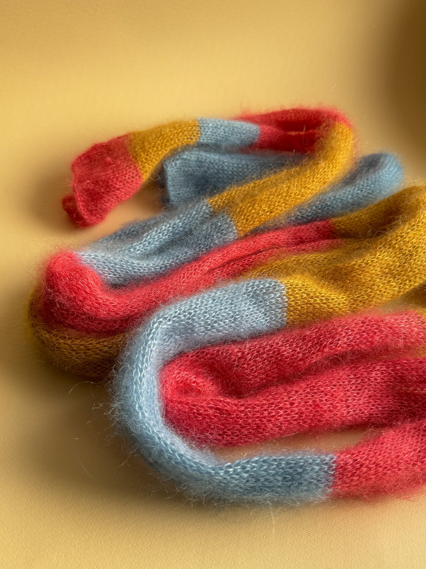 Skinny mohair scarf blue pink and dark yellow stripes