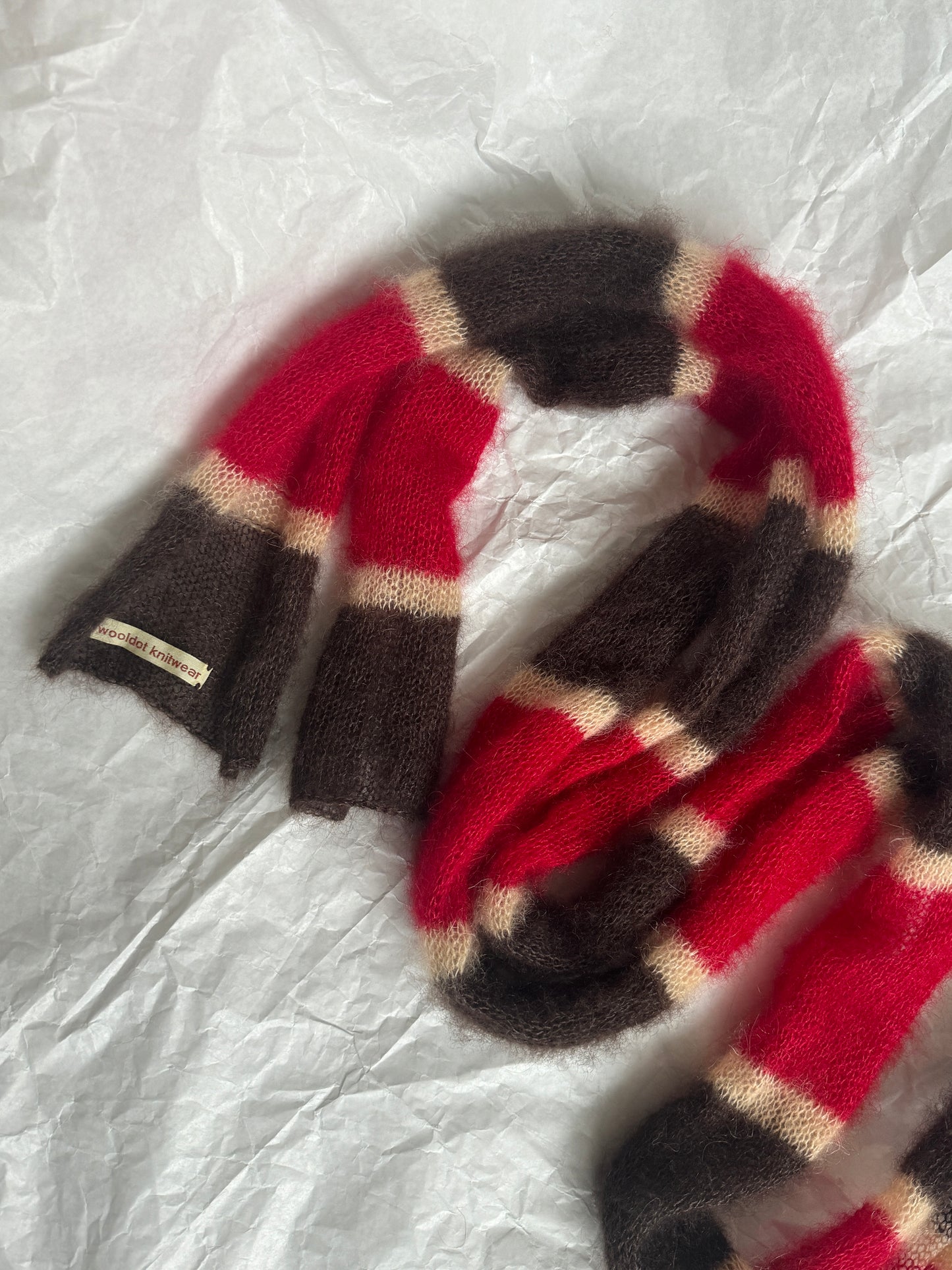Skinny long mohair scarf in brown red and yellow stripes