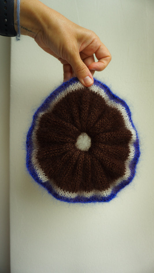 Brown knitted mohair scrunchie with bright blue trim