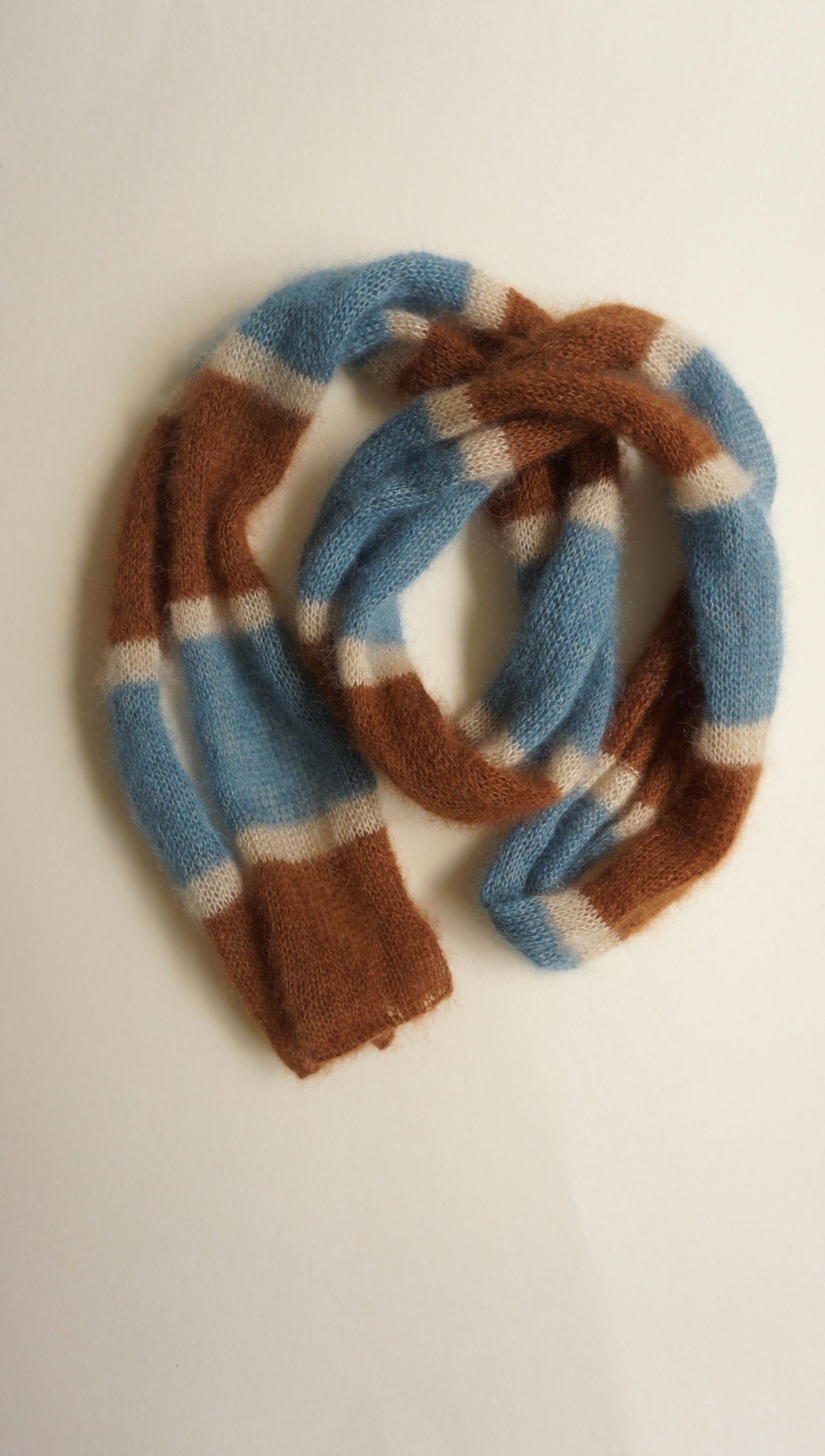 Skinny long mohair scarf in brown blue and ecru stripes