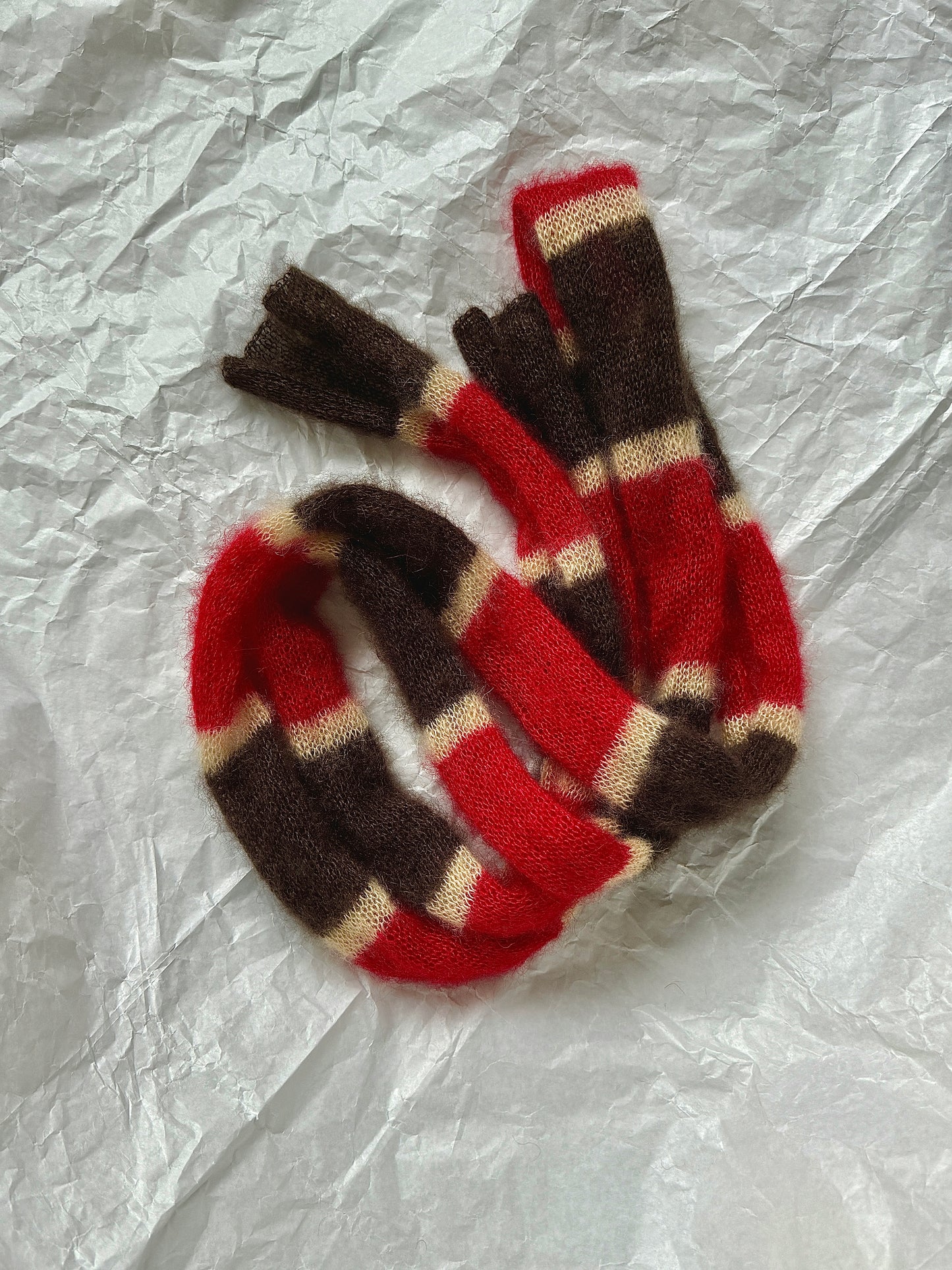 Skinny long mohair scarf in brown red and yellow stripes