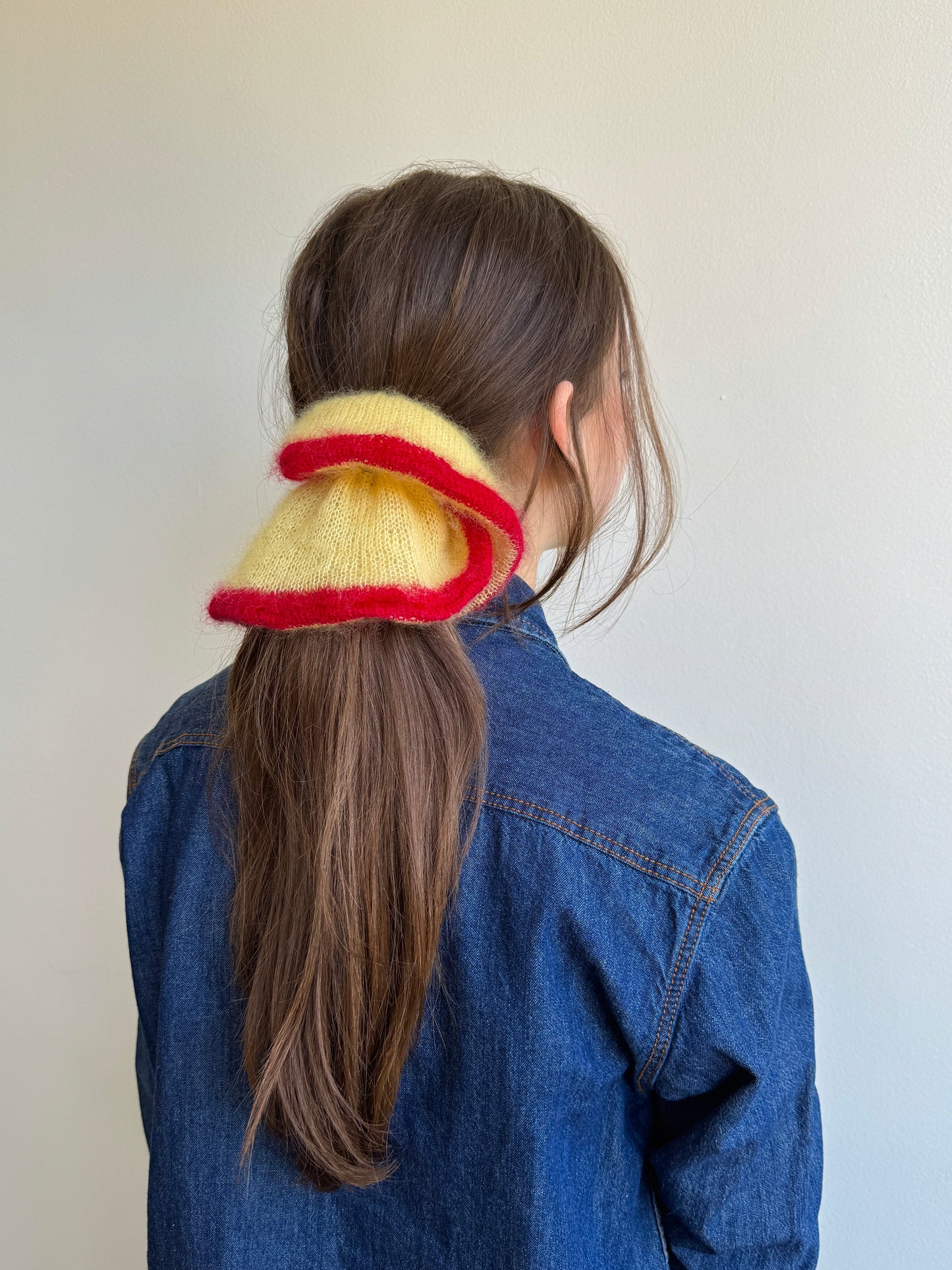 Yellow mohair scrunchie with red trim