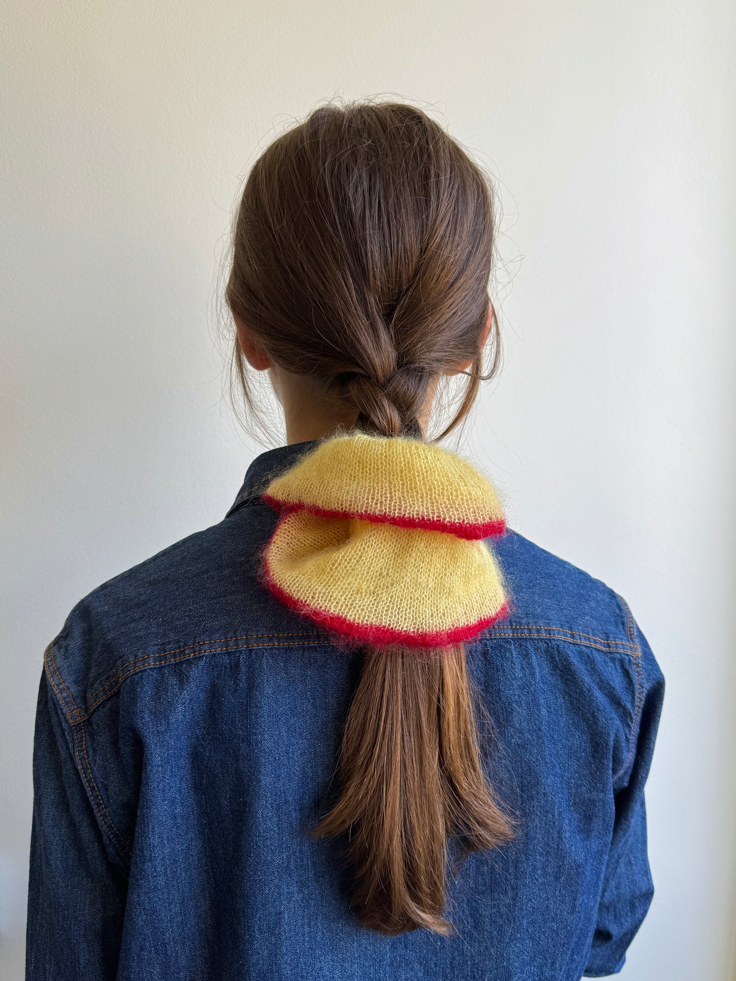 Yellow mohair scrunchie with red trim
