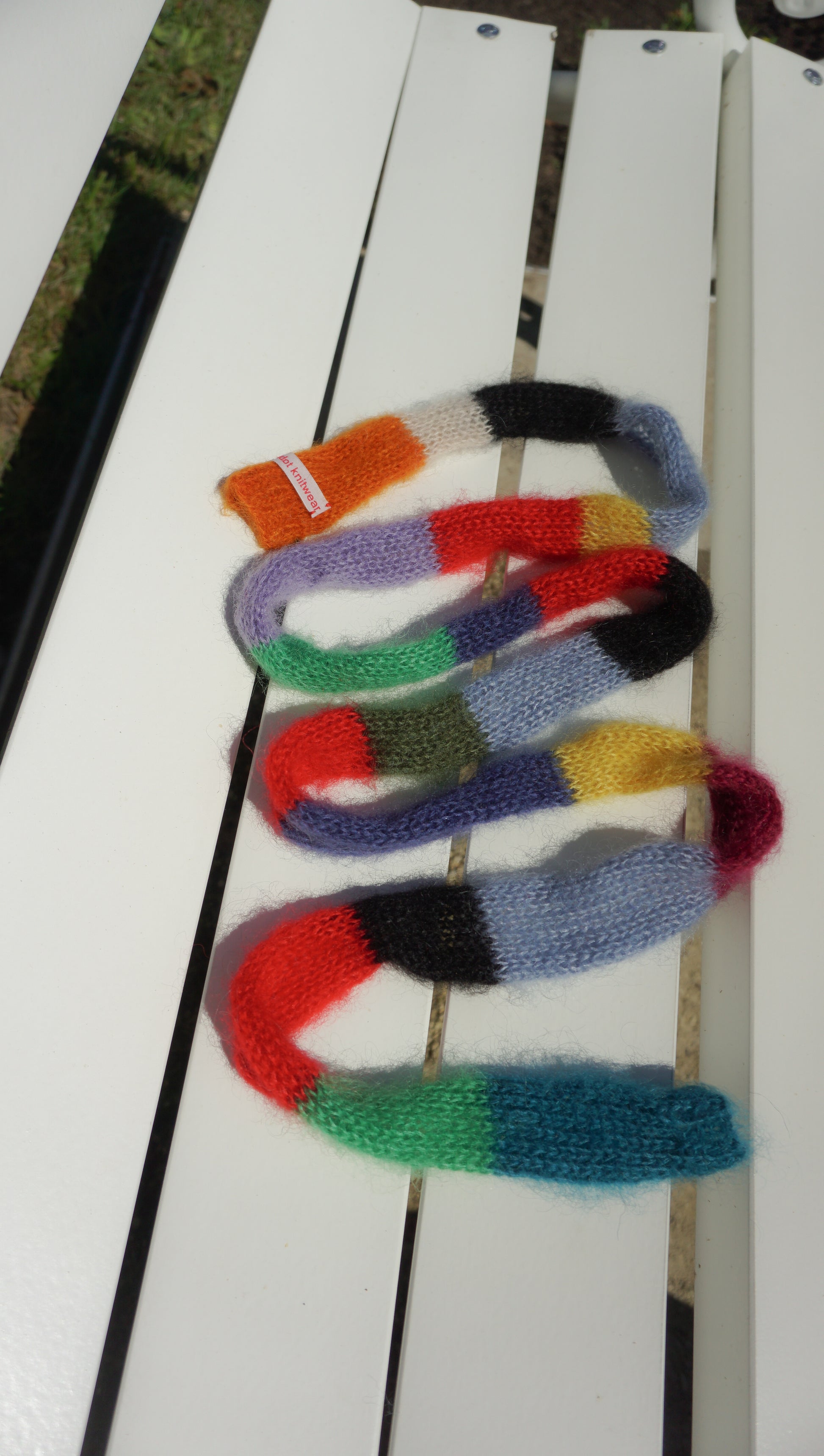 Small knitted very colorful bright colors fluffy mohair scarf