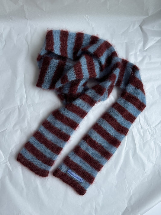 Skinny long mohair scarf burgundy and light blue stripes