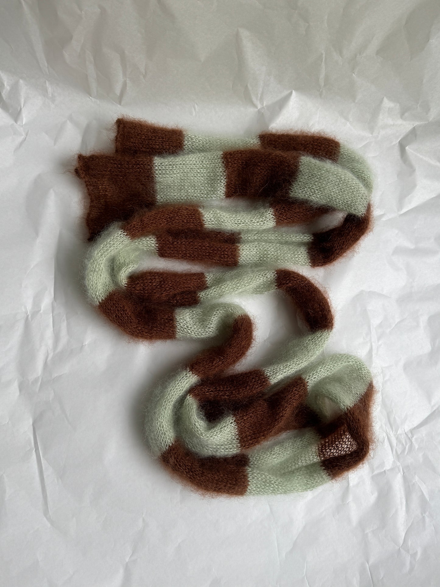 Skinny long mohair scarf brown and mint stripes