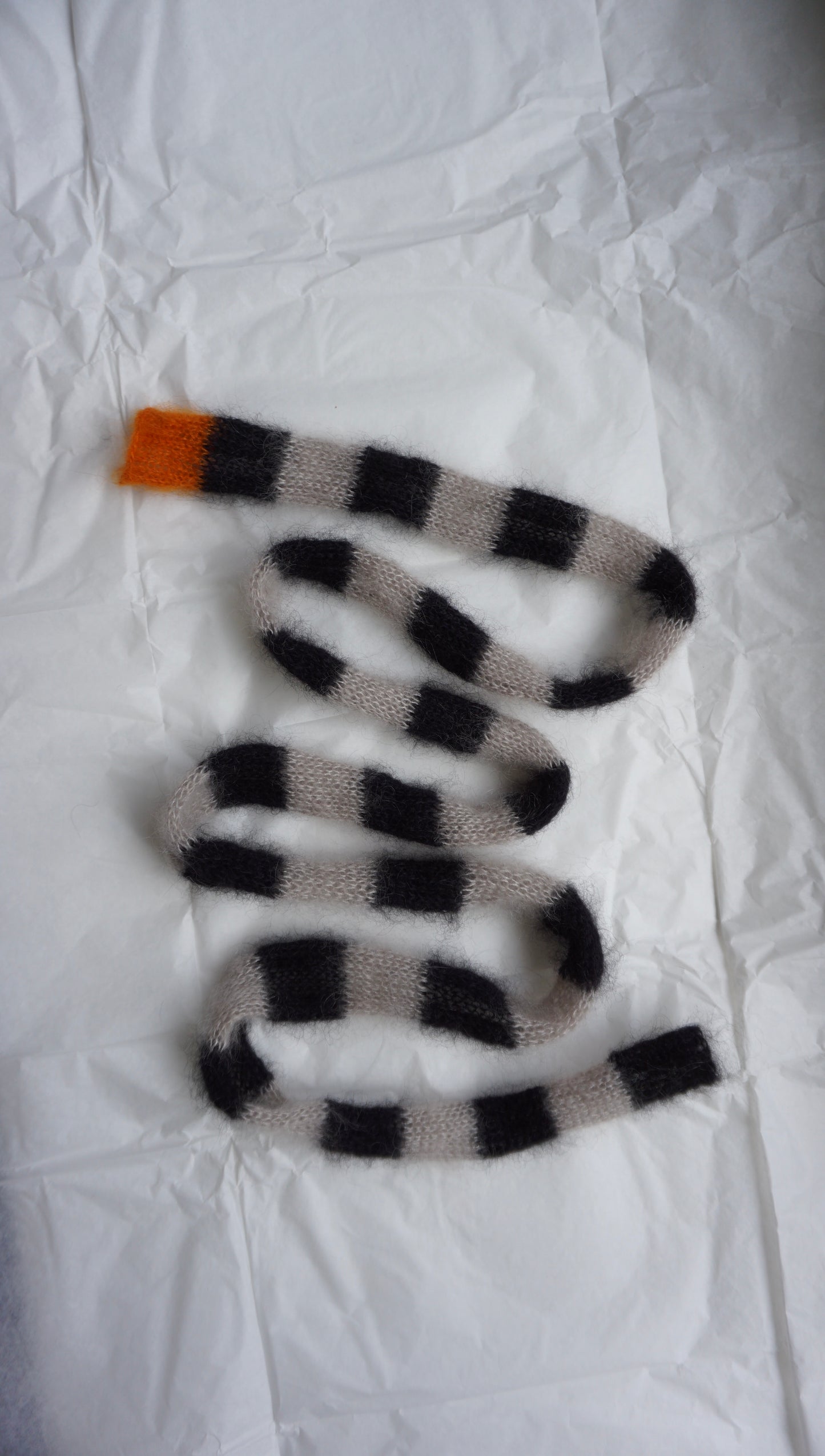 Mini skinny mohair scarf black beige stripes with orange tip