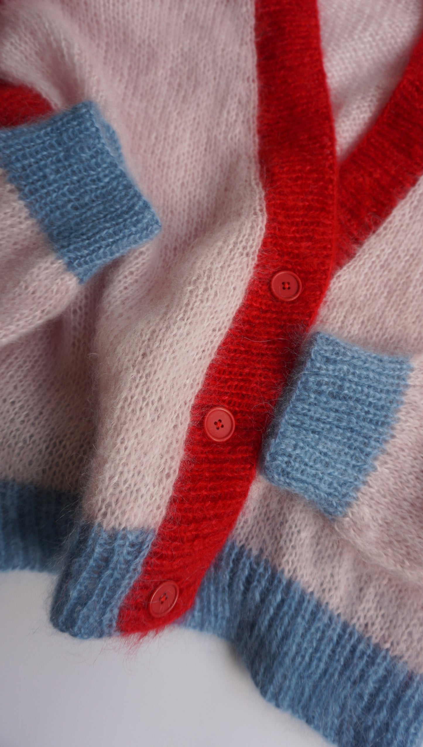 Light pink red and blue knitted mohair cardigan