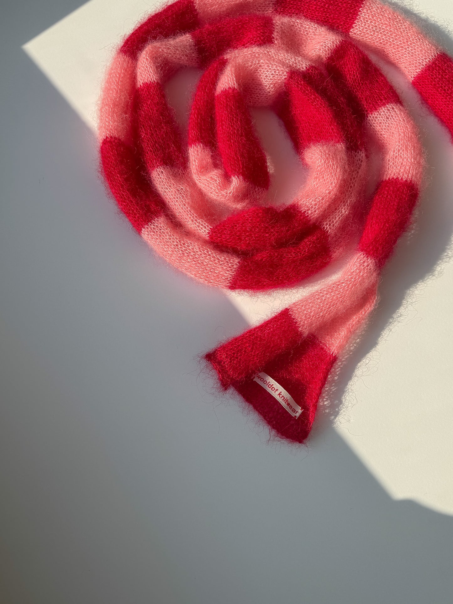 Skinny long mohair scarf red and pink stripes