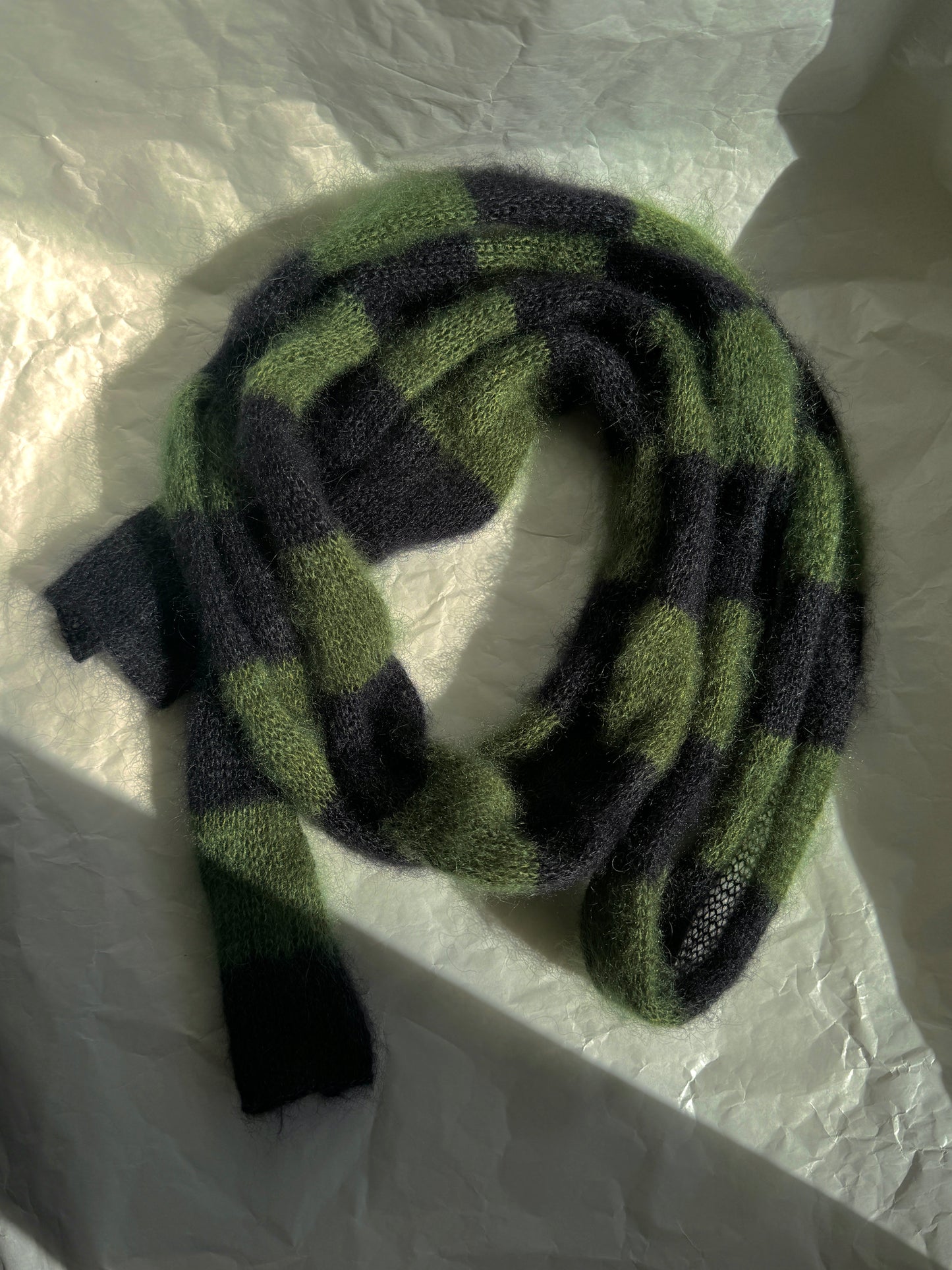 Skinny long mohair scarf in dark green and black