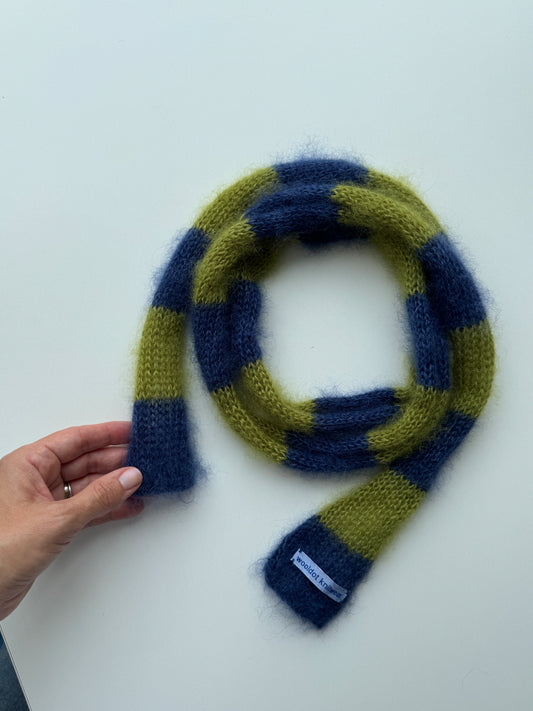 Small skinny mohair scarf dark blue and green stripes
