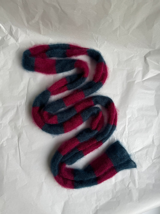 Skinny long mohair scarf dark rose and blue stripes