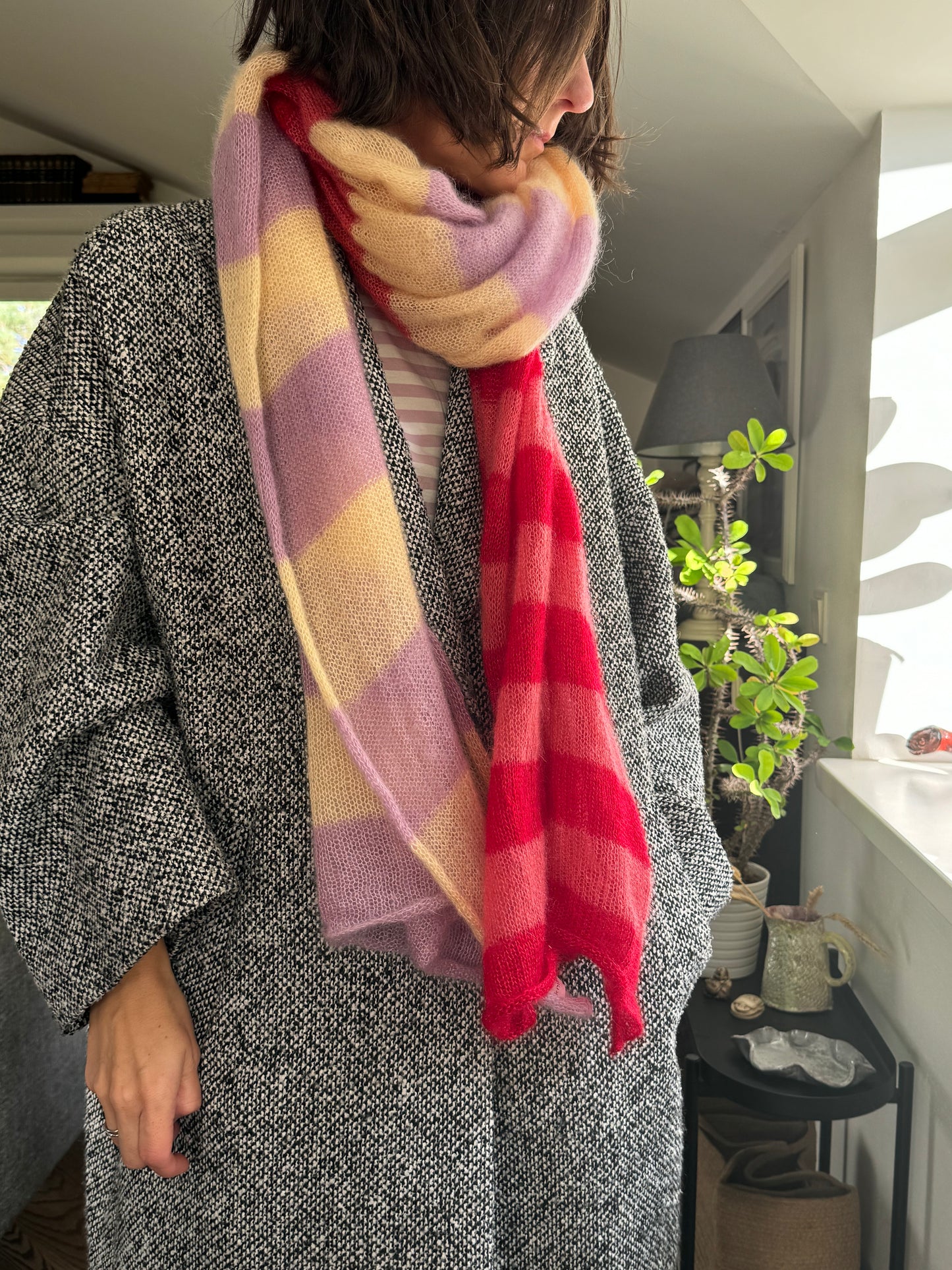 Thin wide mohair scarf in yellow and pink red shades