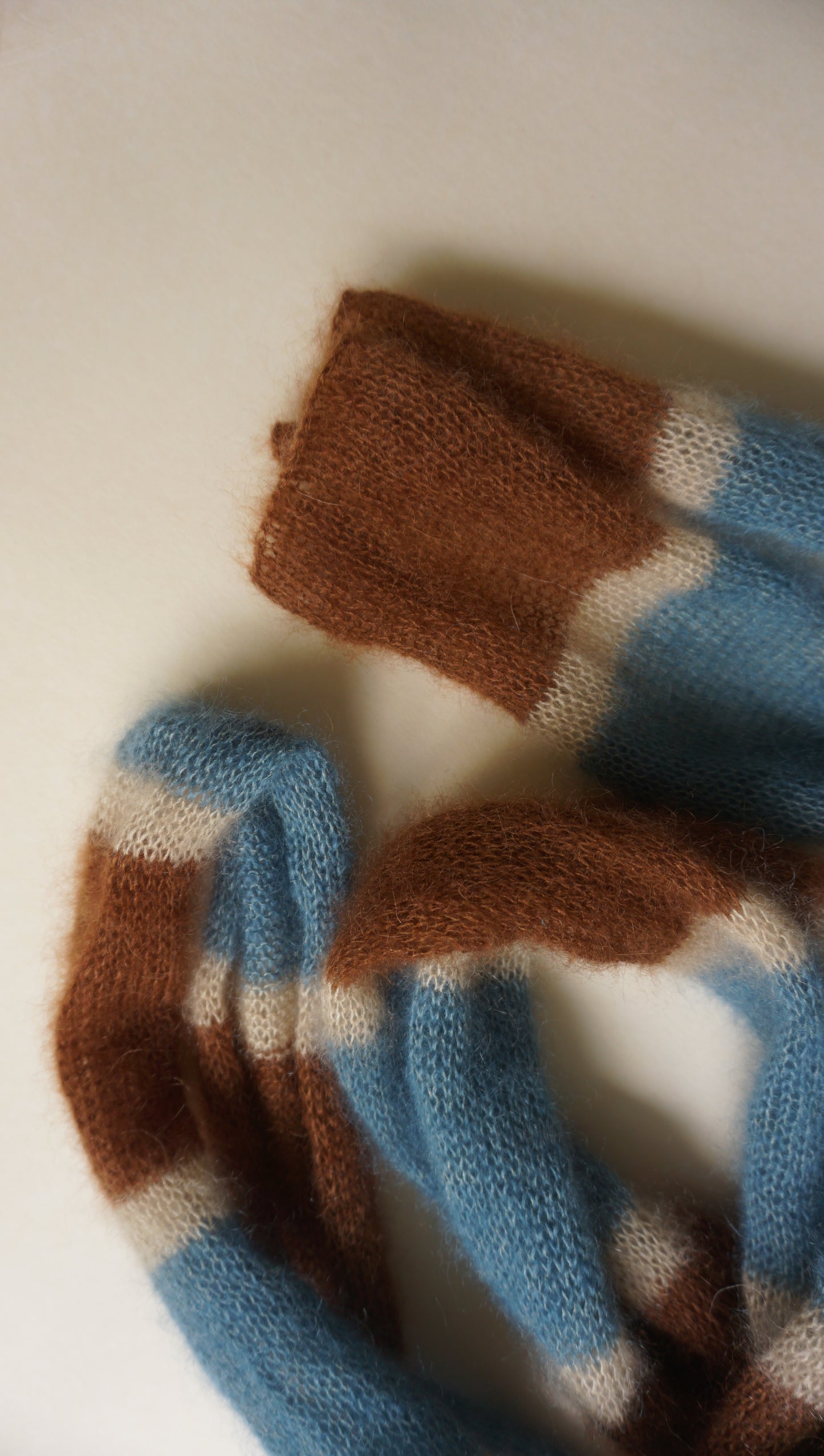 Skinny long mohair scarf in brown blue and ecru stripes