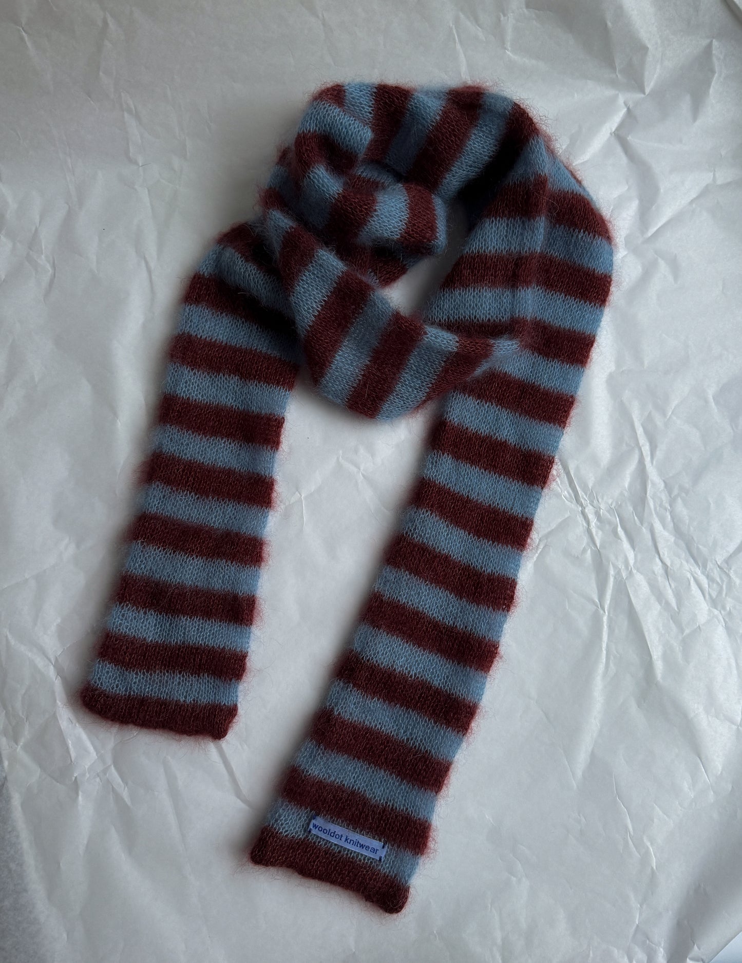 Skinny long mohair scarf burgundy and light blue stripes