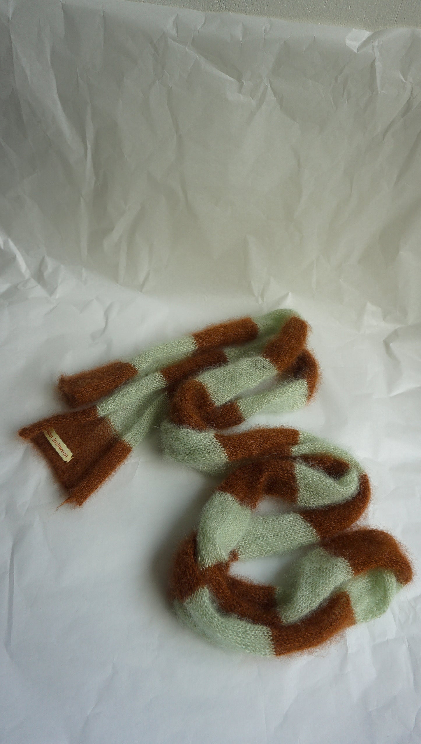 Skinny long mohair scarf brown and mint stripes