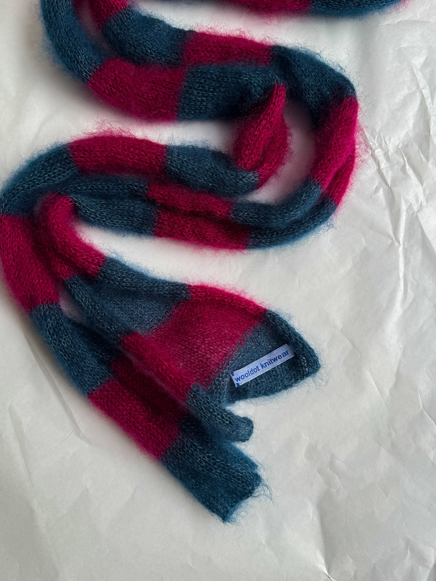 Skinny long mohair scarf dark rose and blue stripes