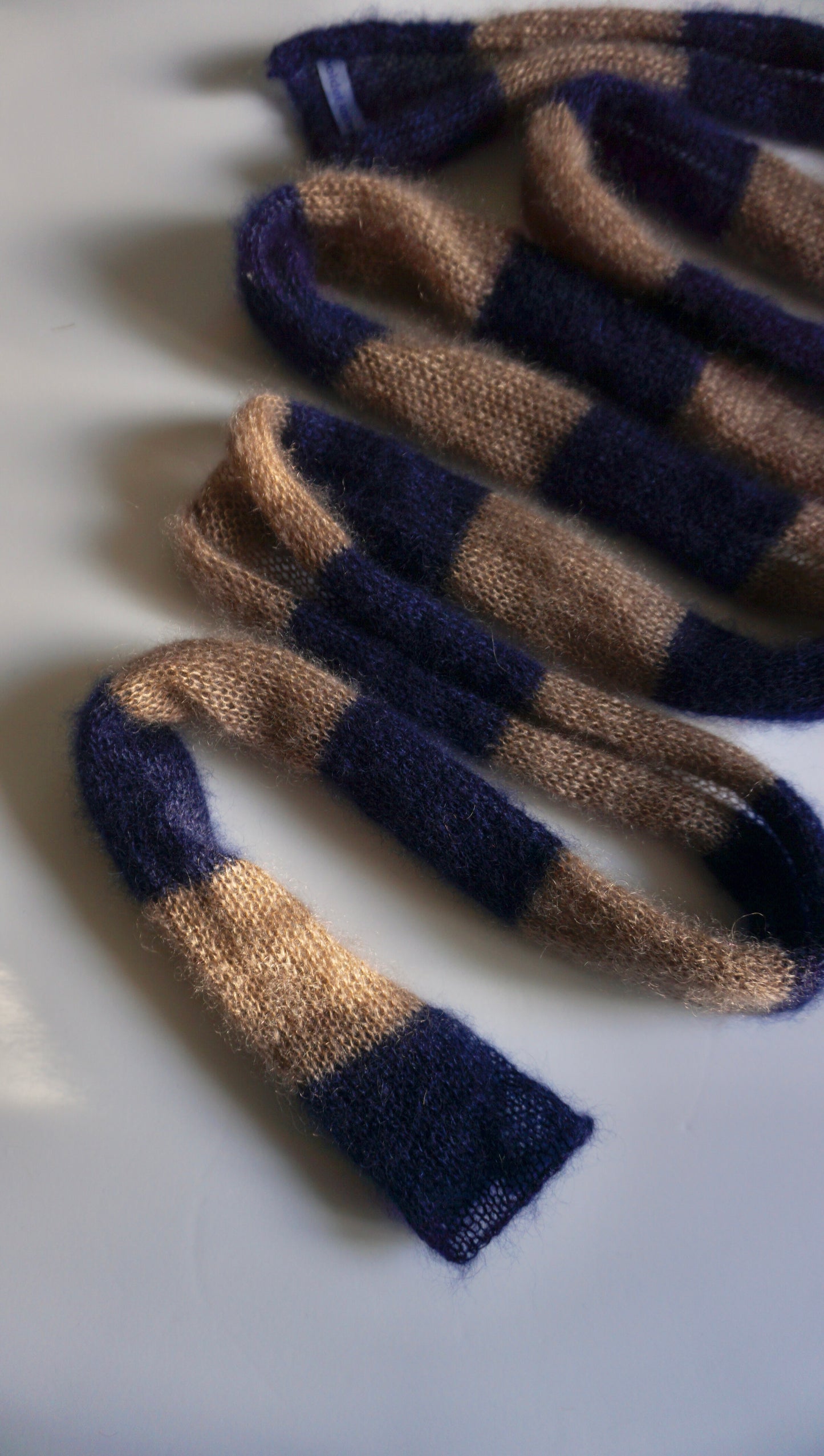 Skinny long mohair scarf cacao and dark blue stripes