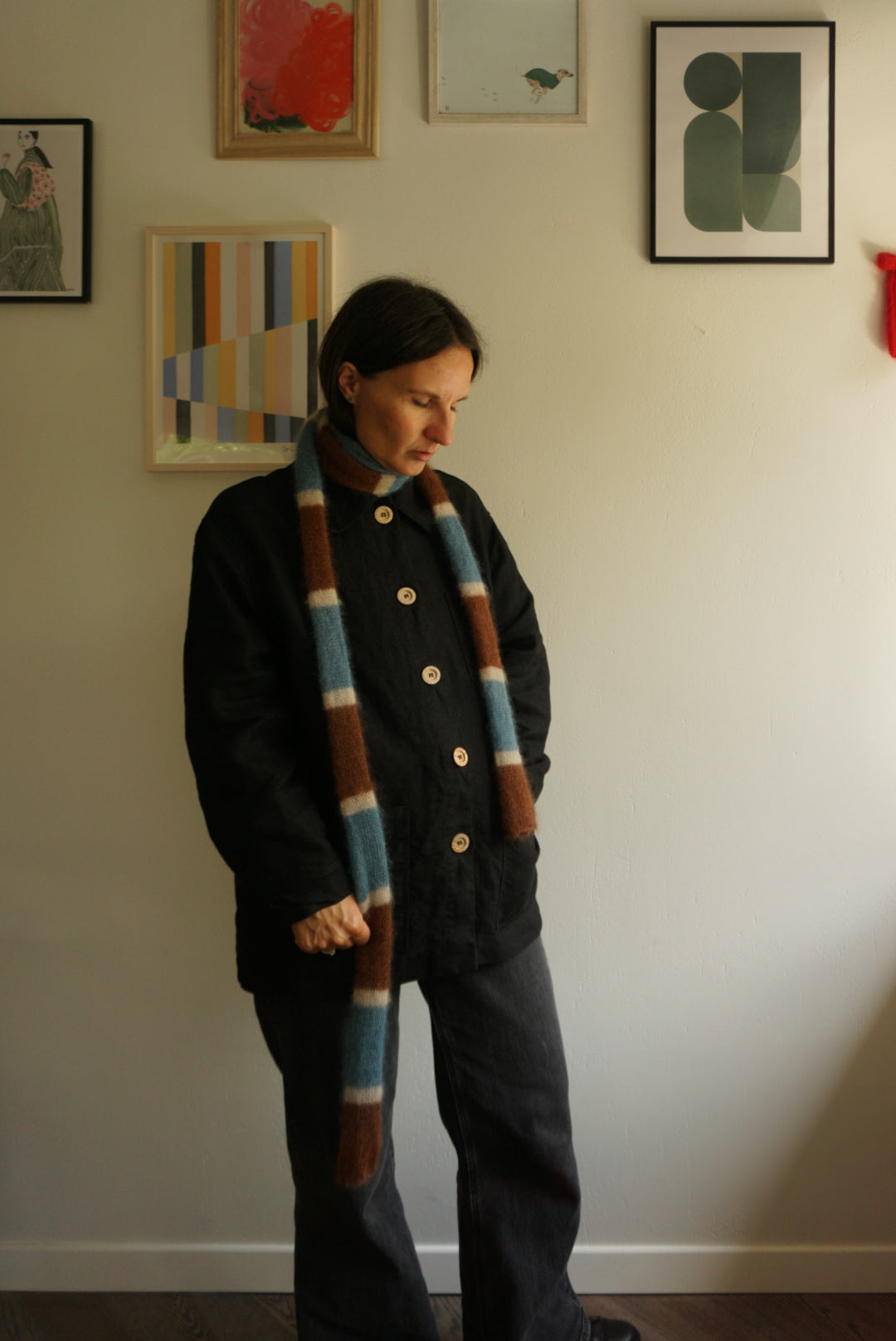 Skinny long mohair scarf in brown blue and ecru stripes