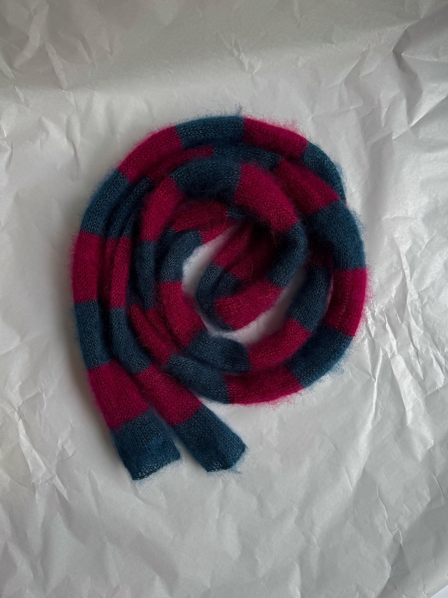 Skinny long mohair scarf dark rose and blue stripes
