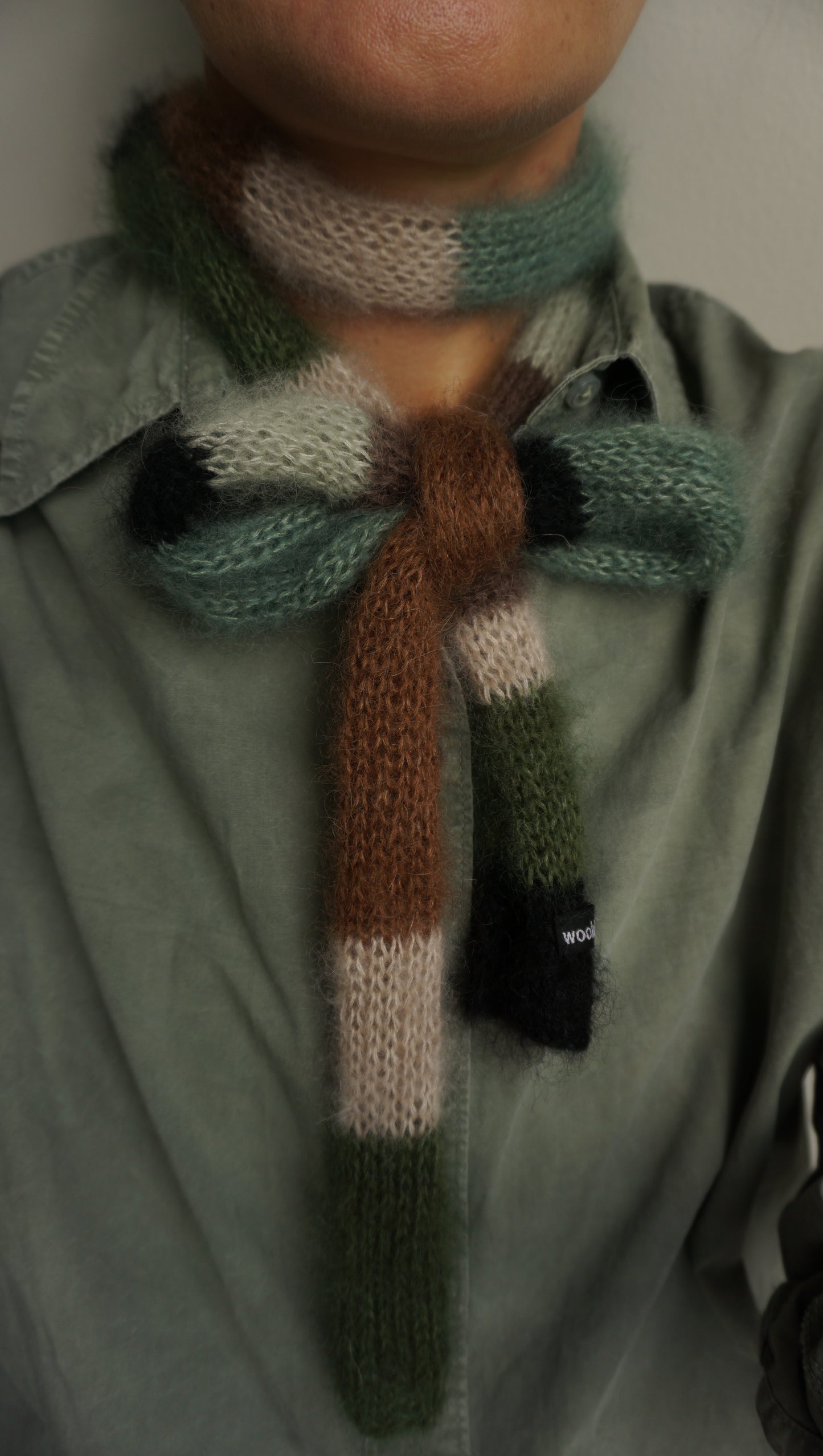 Small skinny mohair scarf brown green shades stripes