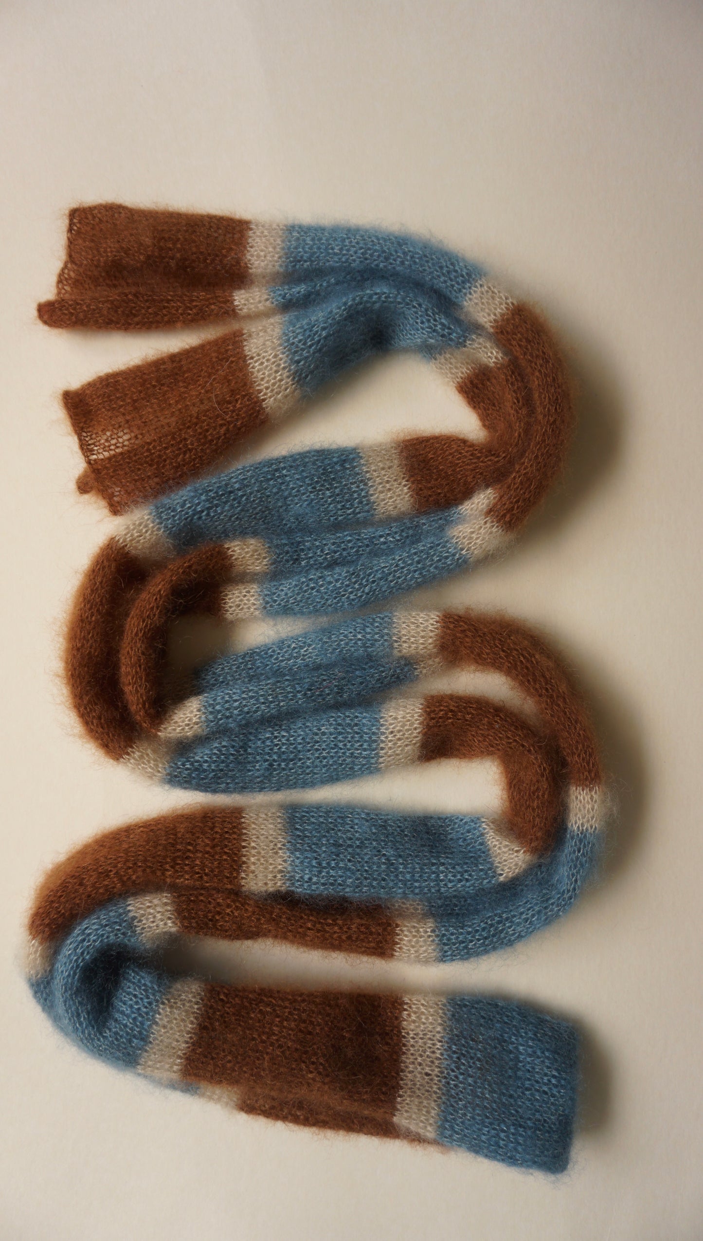 Skinny long mohair scarf in brown blue and ecru stripes