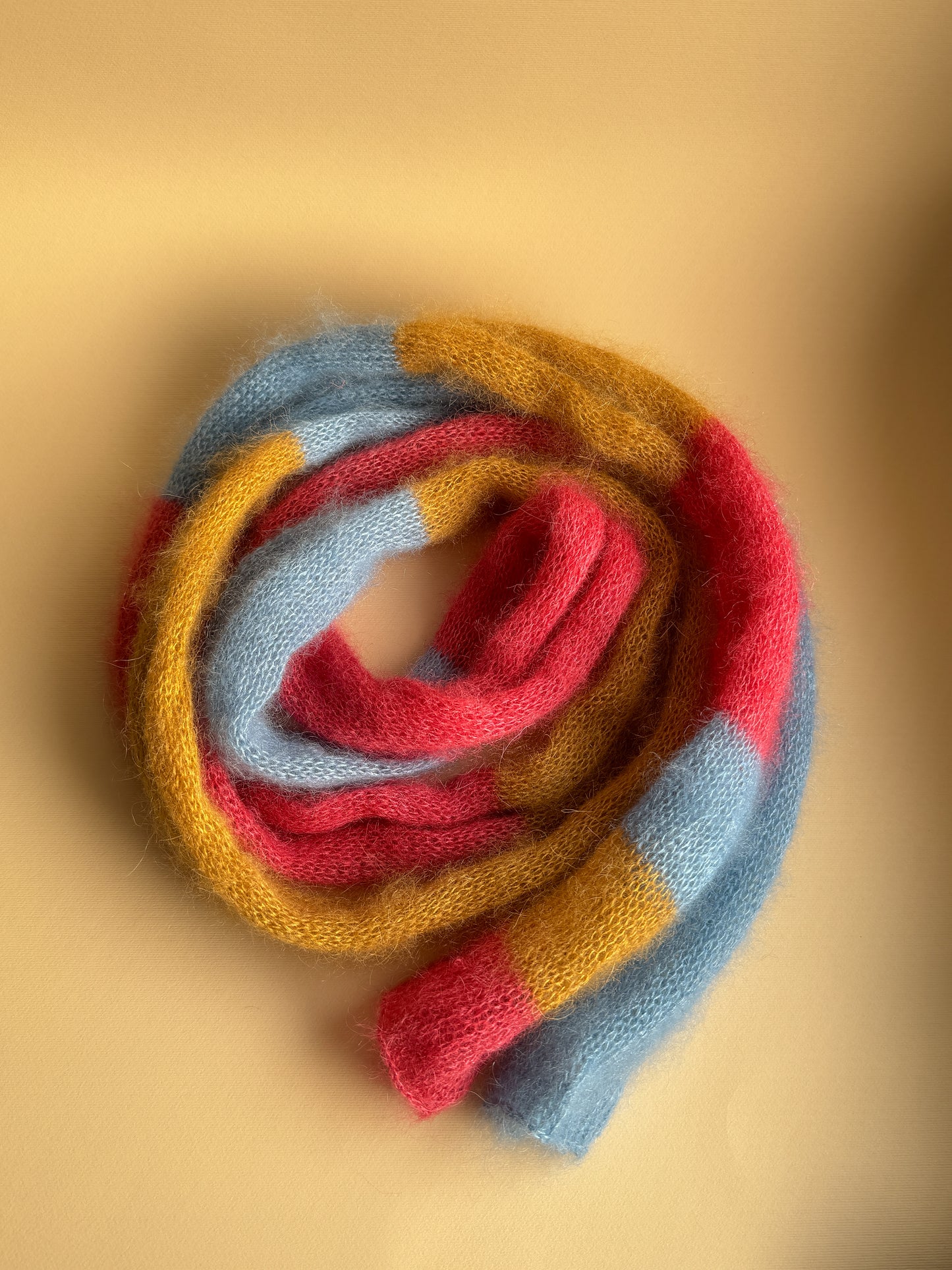 Skinny mohair scarf blue pink and dark yellow stripes