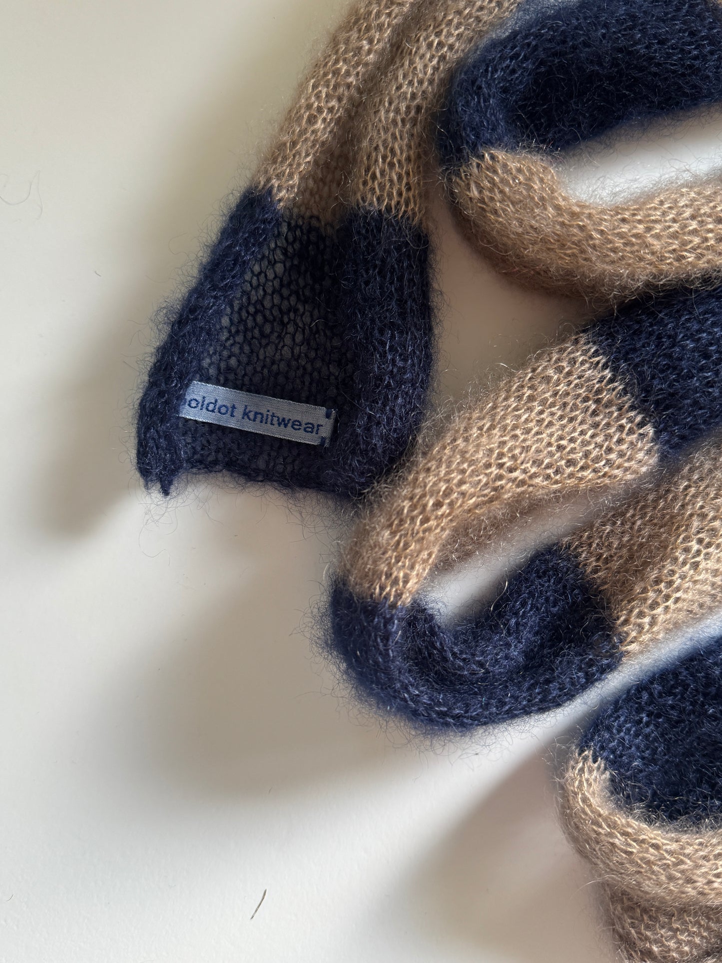 Skinny long mohair scarf cacao and dark blue stripes