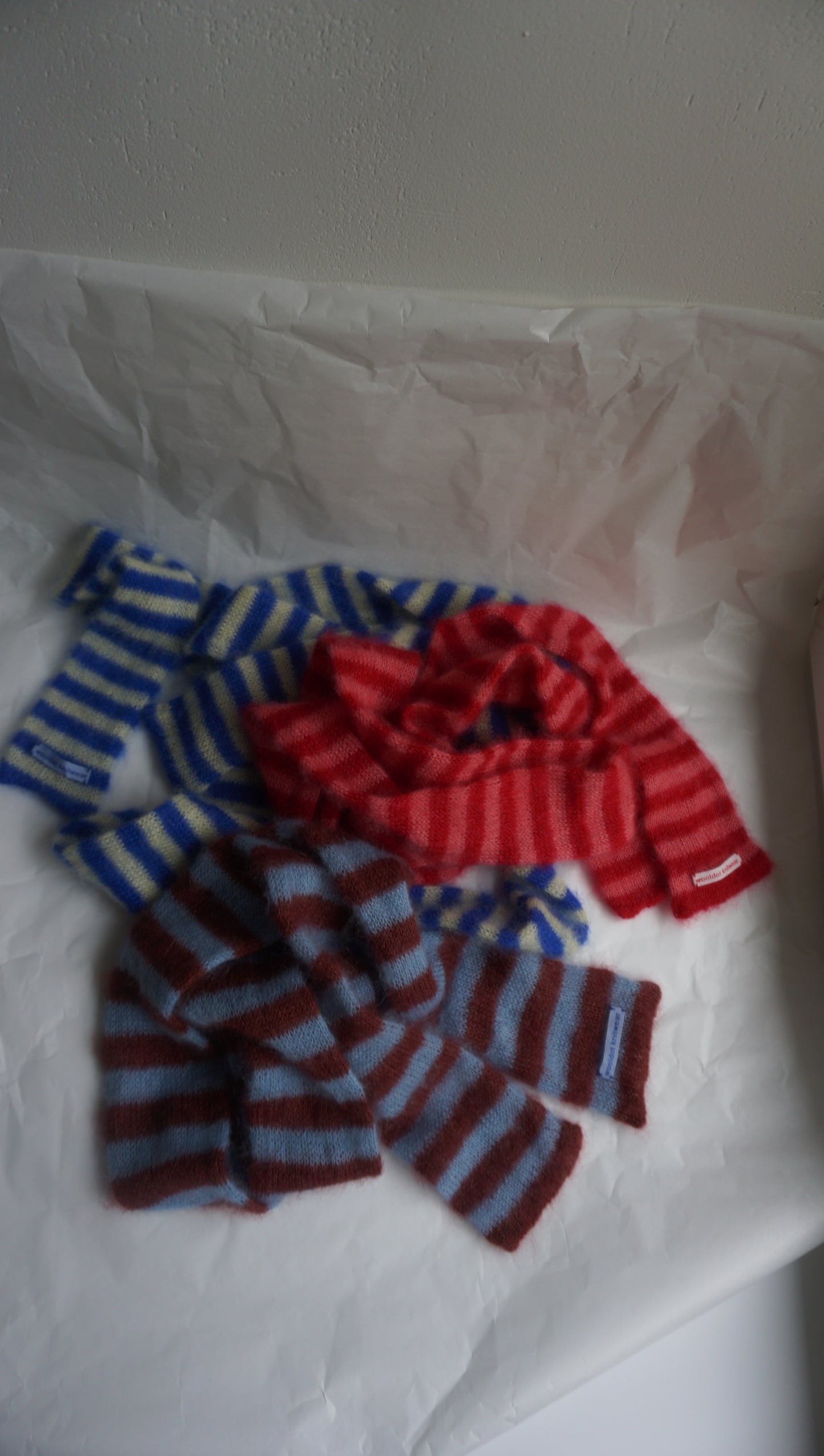 Skinny long mohair scarf burgundy and light blue stripes
