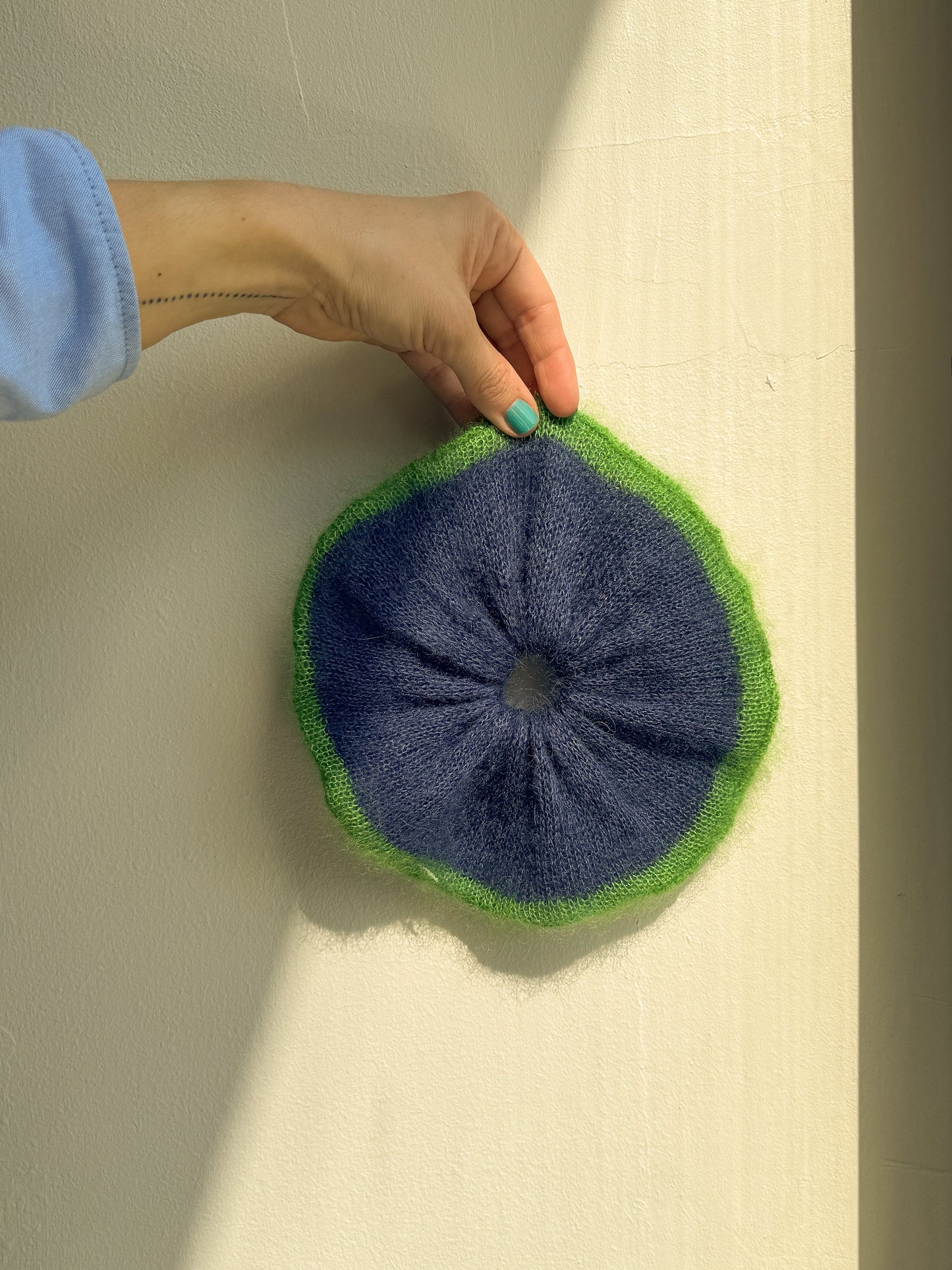 Blue knitted mohair scrunchie with bright green trim