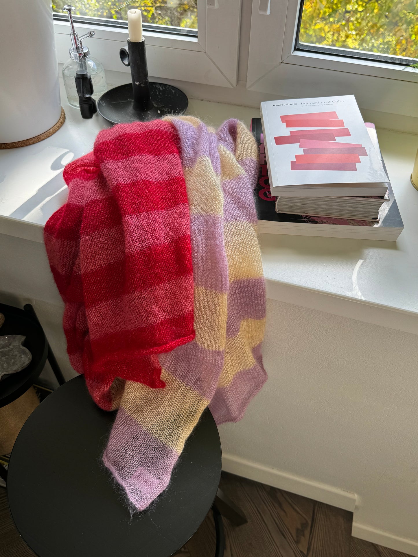 Thin wide mohair scarf in yellow and pink red shades