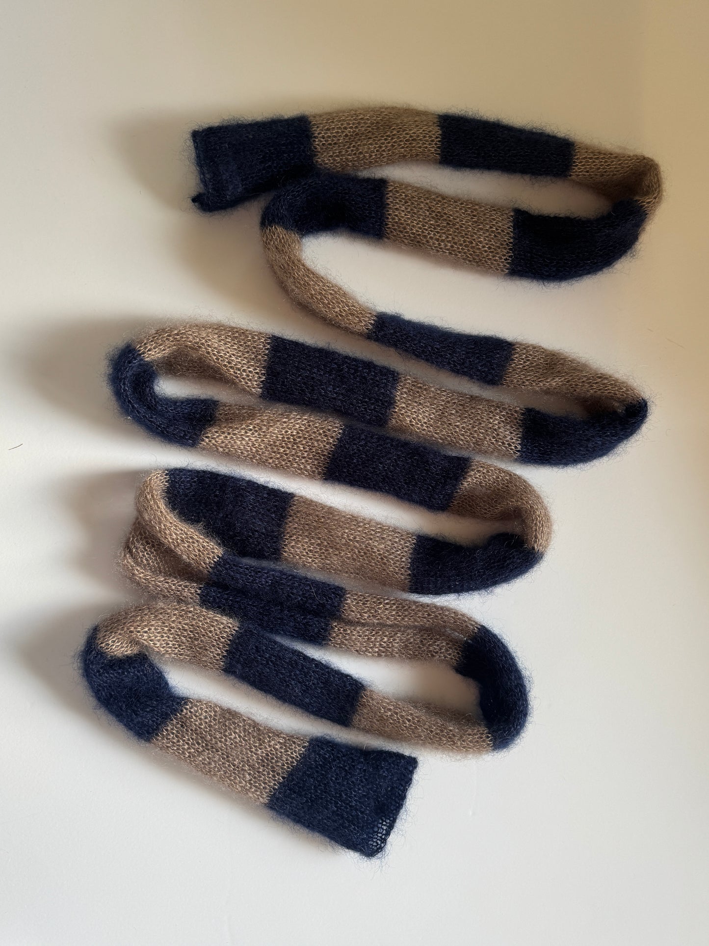 Skinny long mohair scarf cacao and dark blue stripes