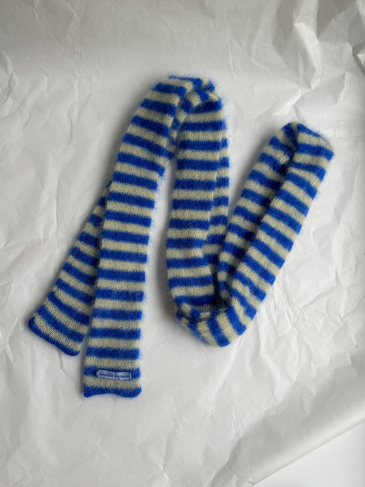 Skinny long mohair scarf blue and light yellow stripes