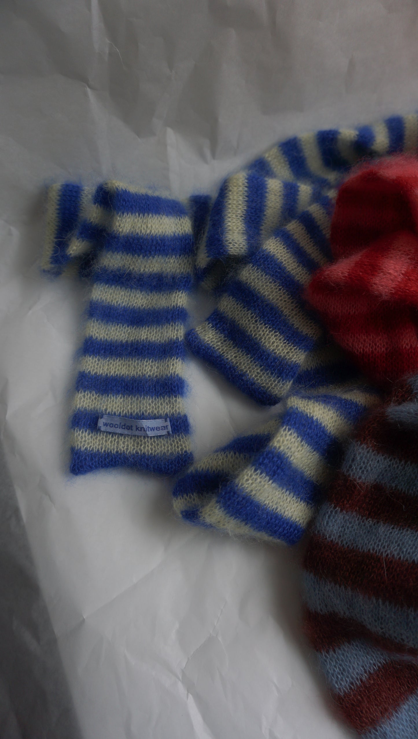 Skinny long mohair scarf blue and light yellow stripes