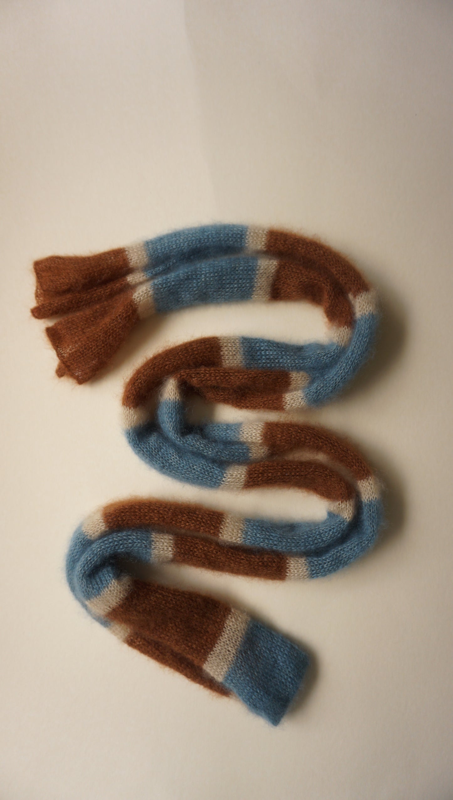 Skinny long mohair scarf in brown blue and ecru stripes