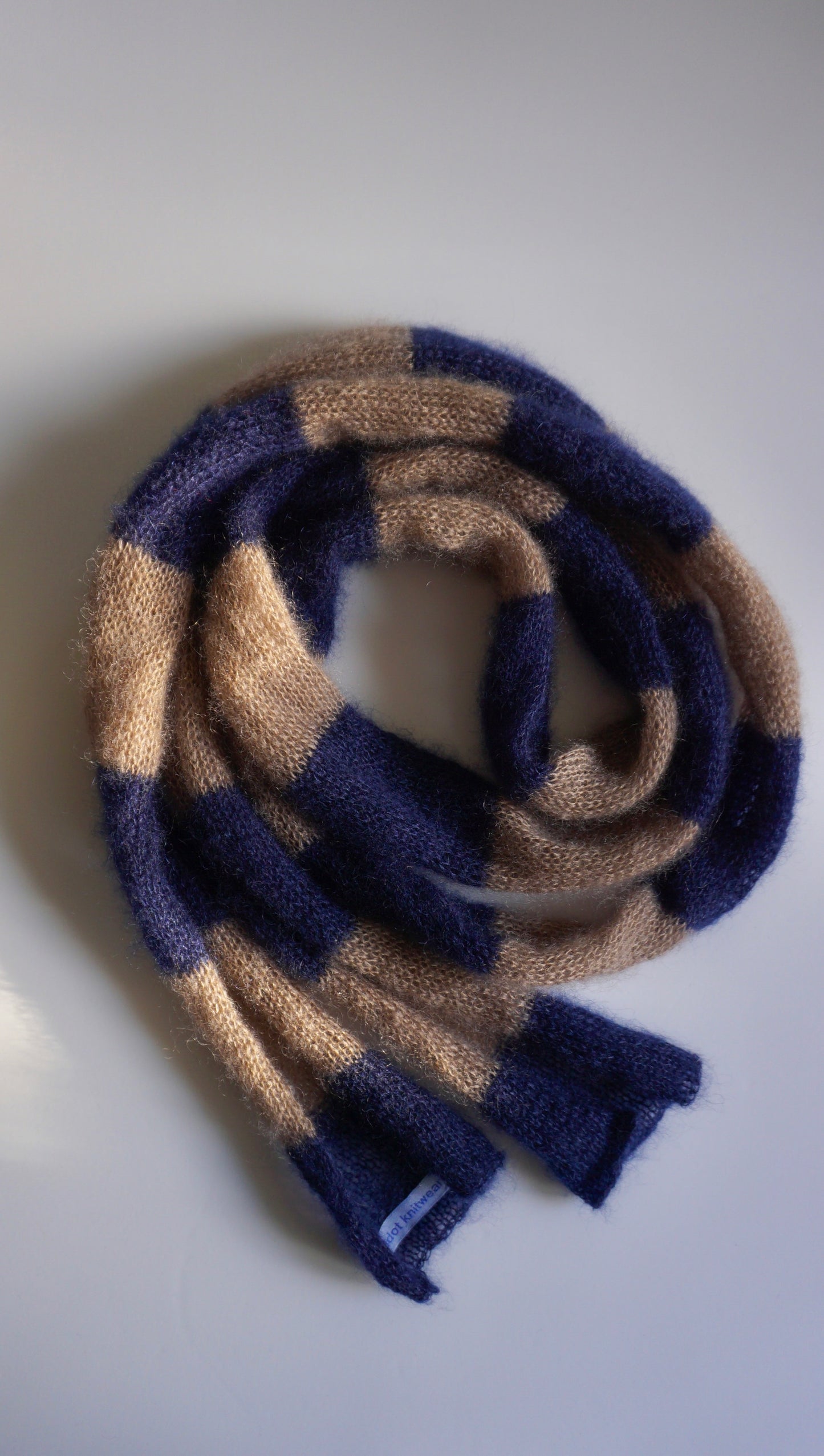 Skinny long mohair scarf cacao and dark blue stripes