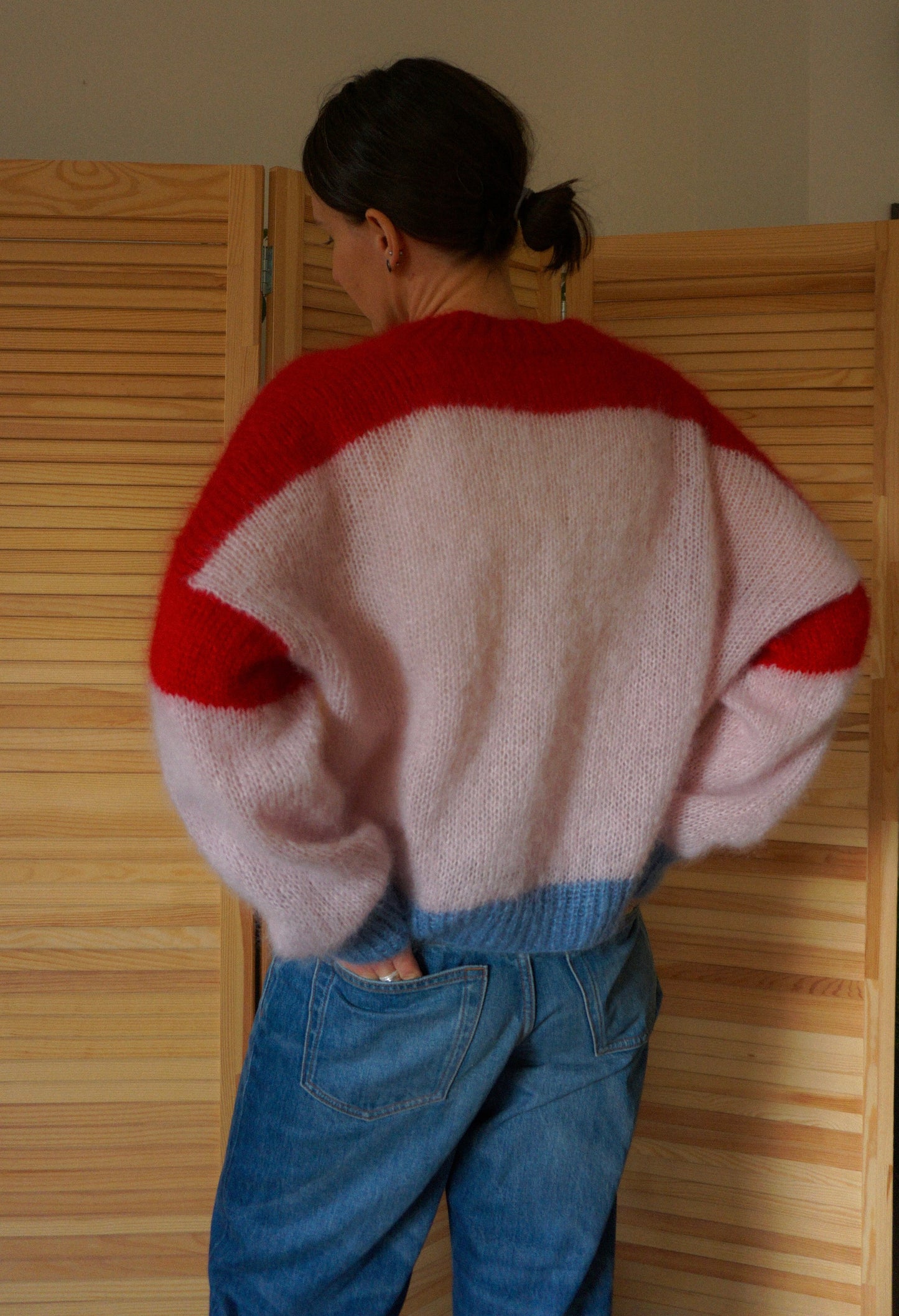 Light pink red and blue knitted mohair cardigan
