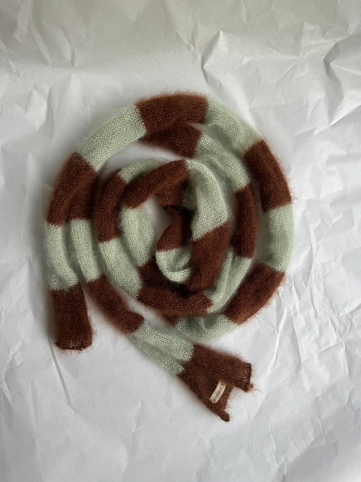 Skinny long mohair scarf brown and mint stripes