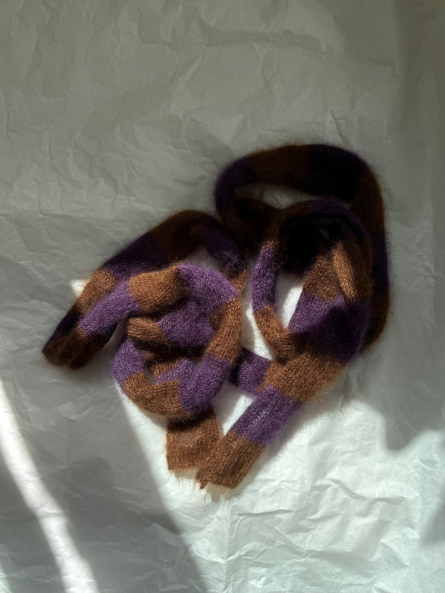 Skinny long mohair scarf in brown and purple