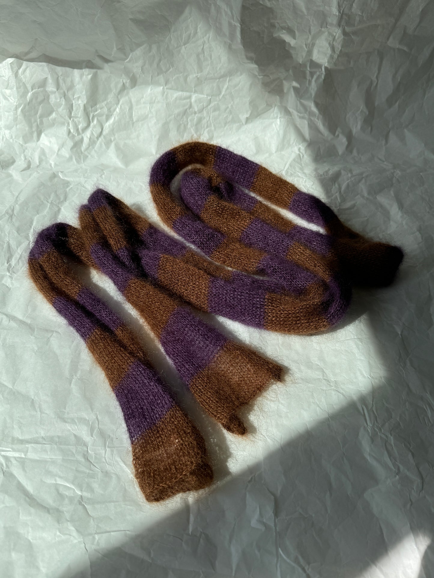 Skinny long mohair scarf in brown and purple