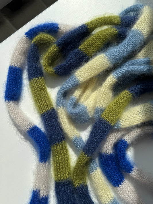 Small skinny mohair scarf dark blue and green stripes