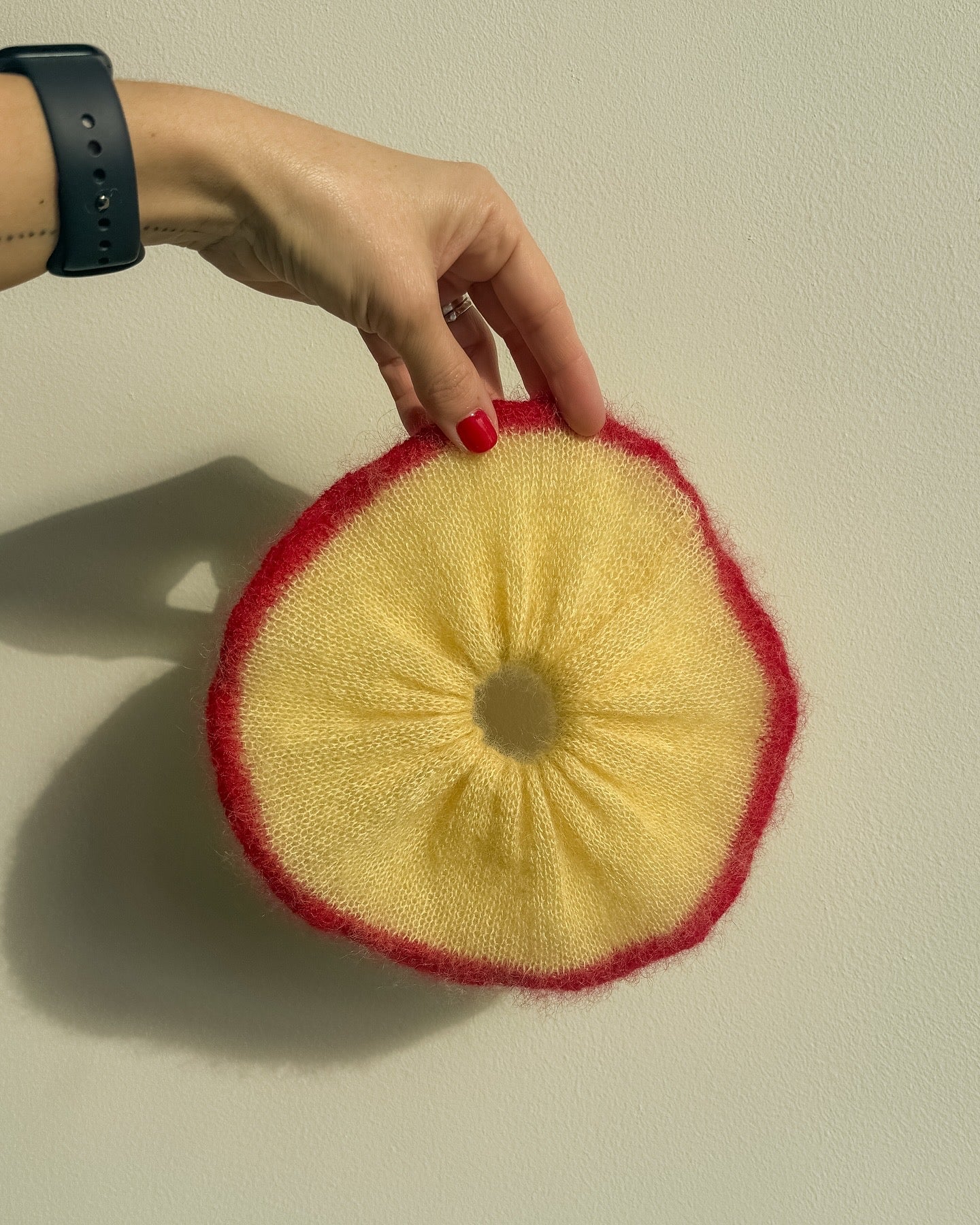 Yellow mohair scrunchie with red trim