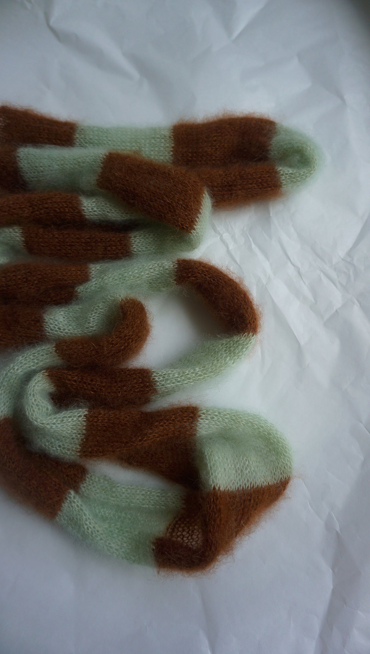 Skinny long mohair scarf brown and mint stripes